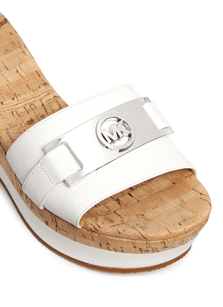 Michael Kors 'warren' Leather Strap Cork Wedge Sandals in White | Lyst