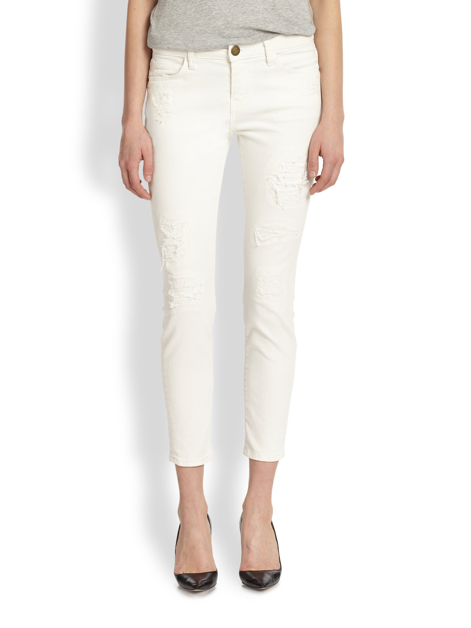 Current/Elliott The Stiletto Distressed Cropped Skinny Jeans in White