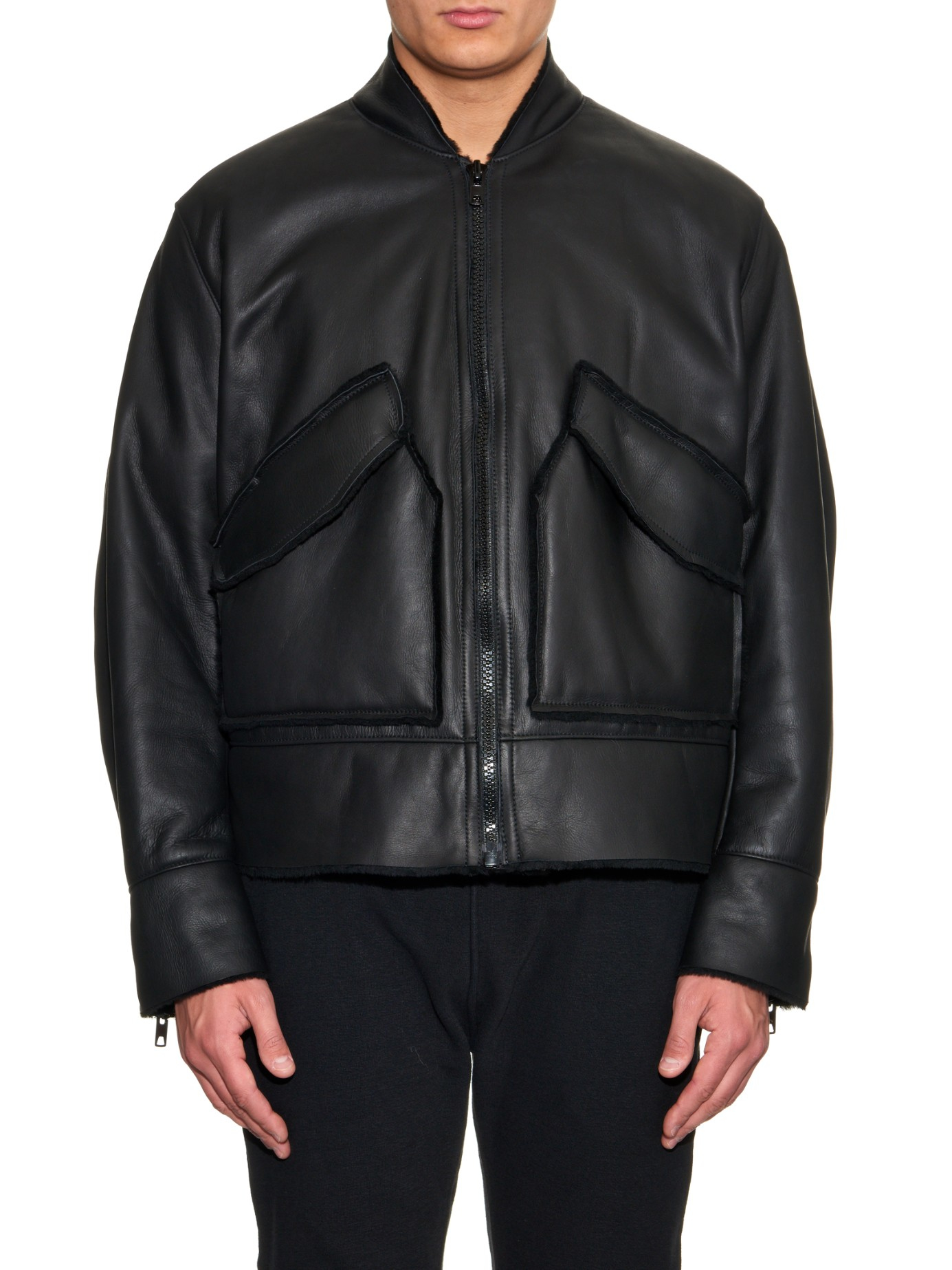 Yeezy Leather Shearling Bomber Jacket in Black for Men | Lyst