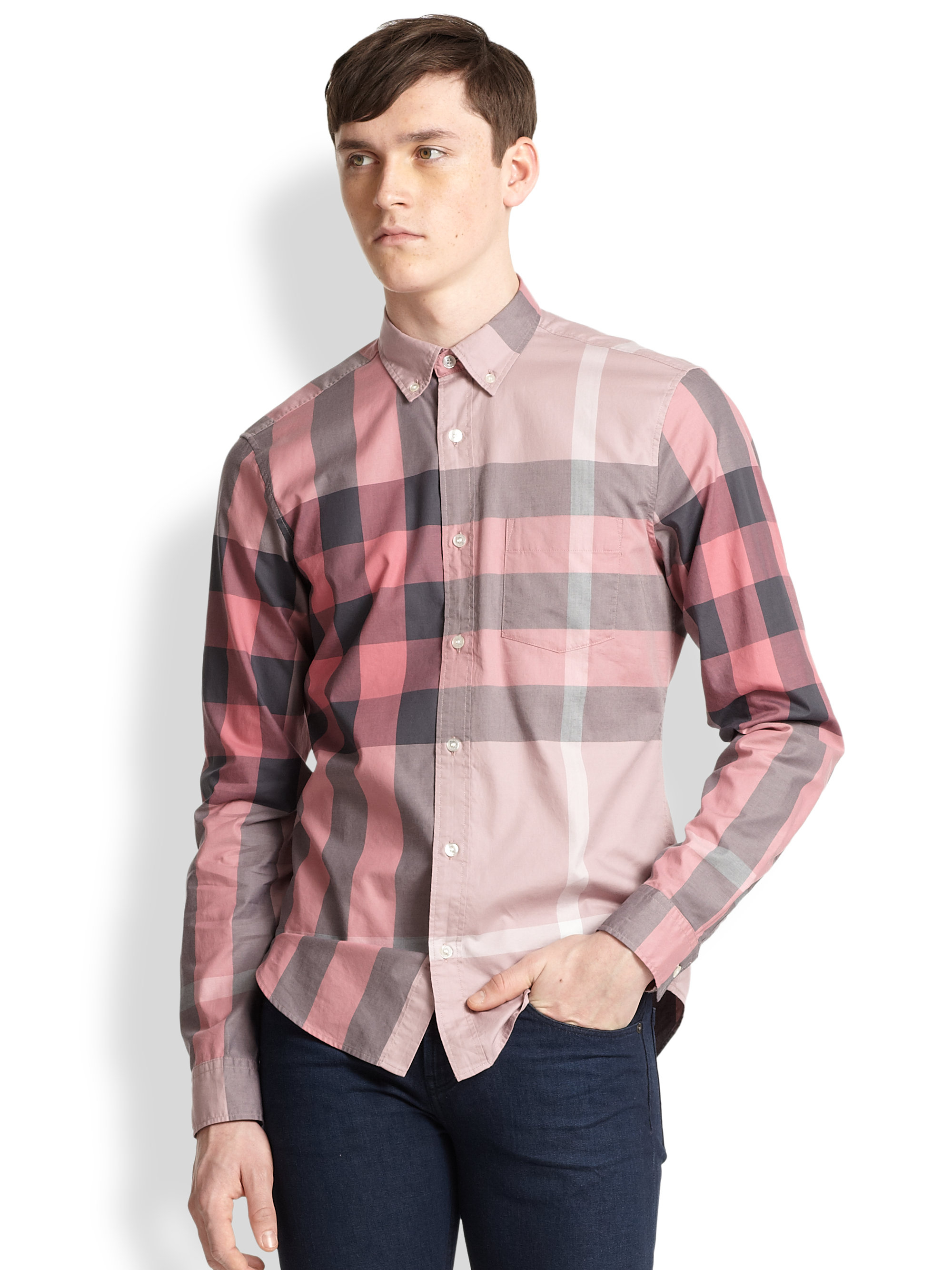 Mens pink burberry shirt discount