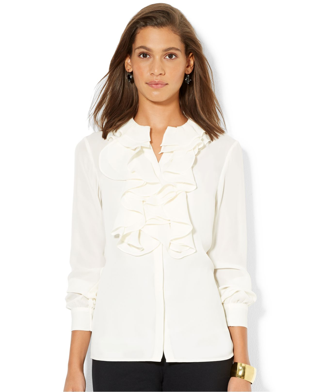 Lauren by Ralph Lauren Long-sleeve Ruffled Blouse in Pearl (White) - Lyst