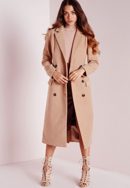 Missguided Double Breasted Tailored Long Faux Wool Coat Camel In Natural Lyst