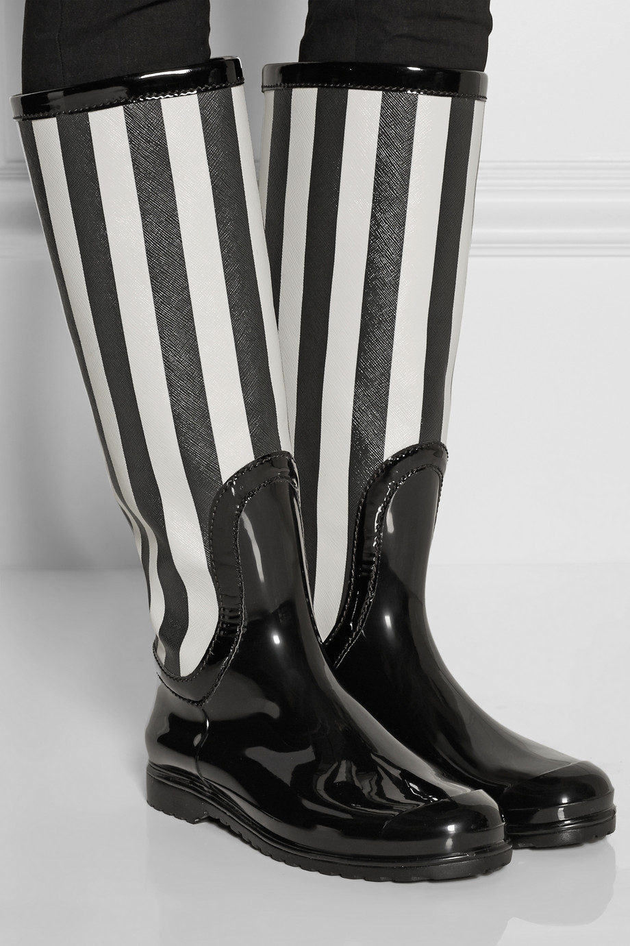 black and white striped rain boots