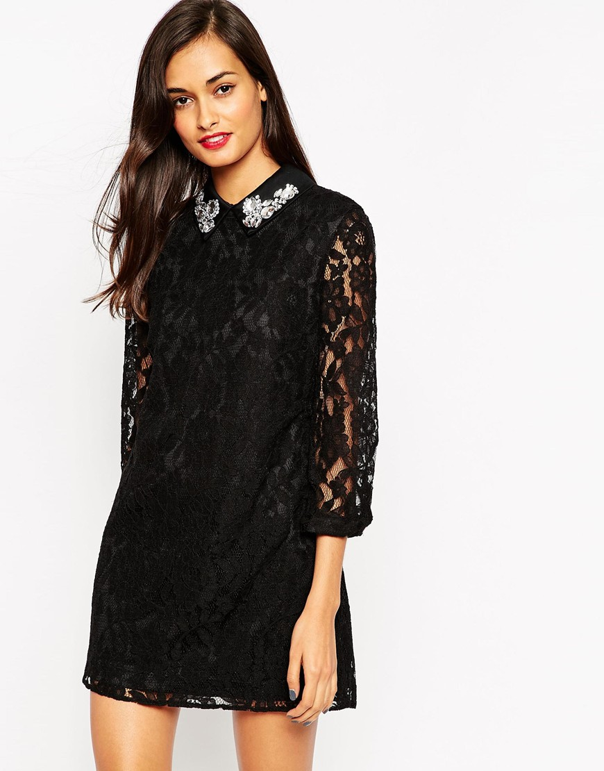 Asos Lace Shift Dress With Embellished Collar in Black | Lyst