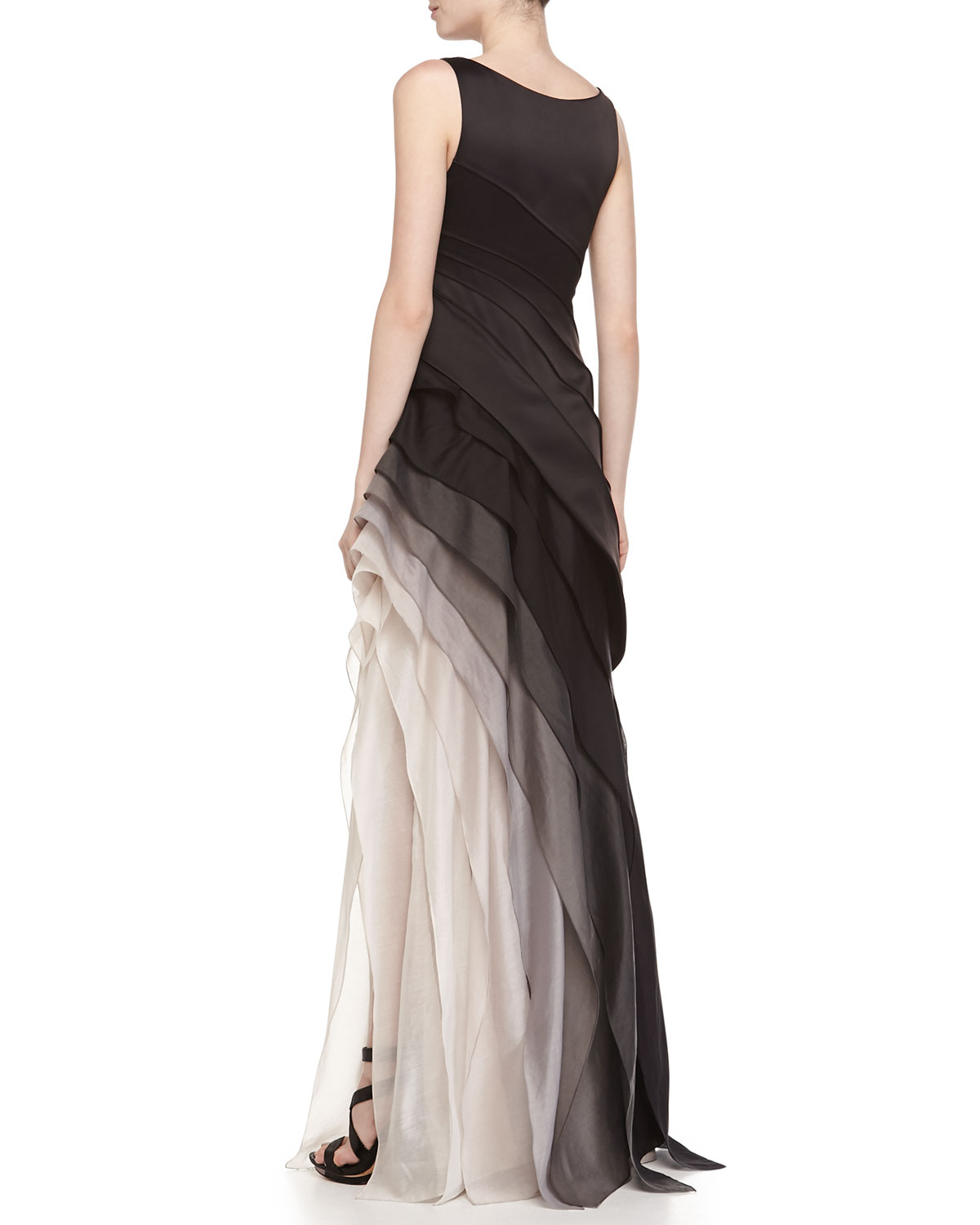 halston heritage satin and organza tiered gown