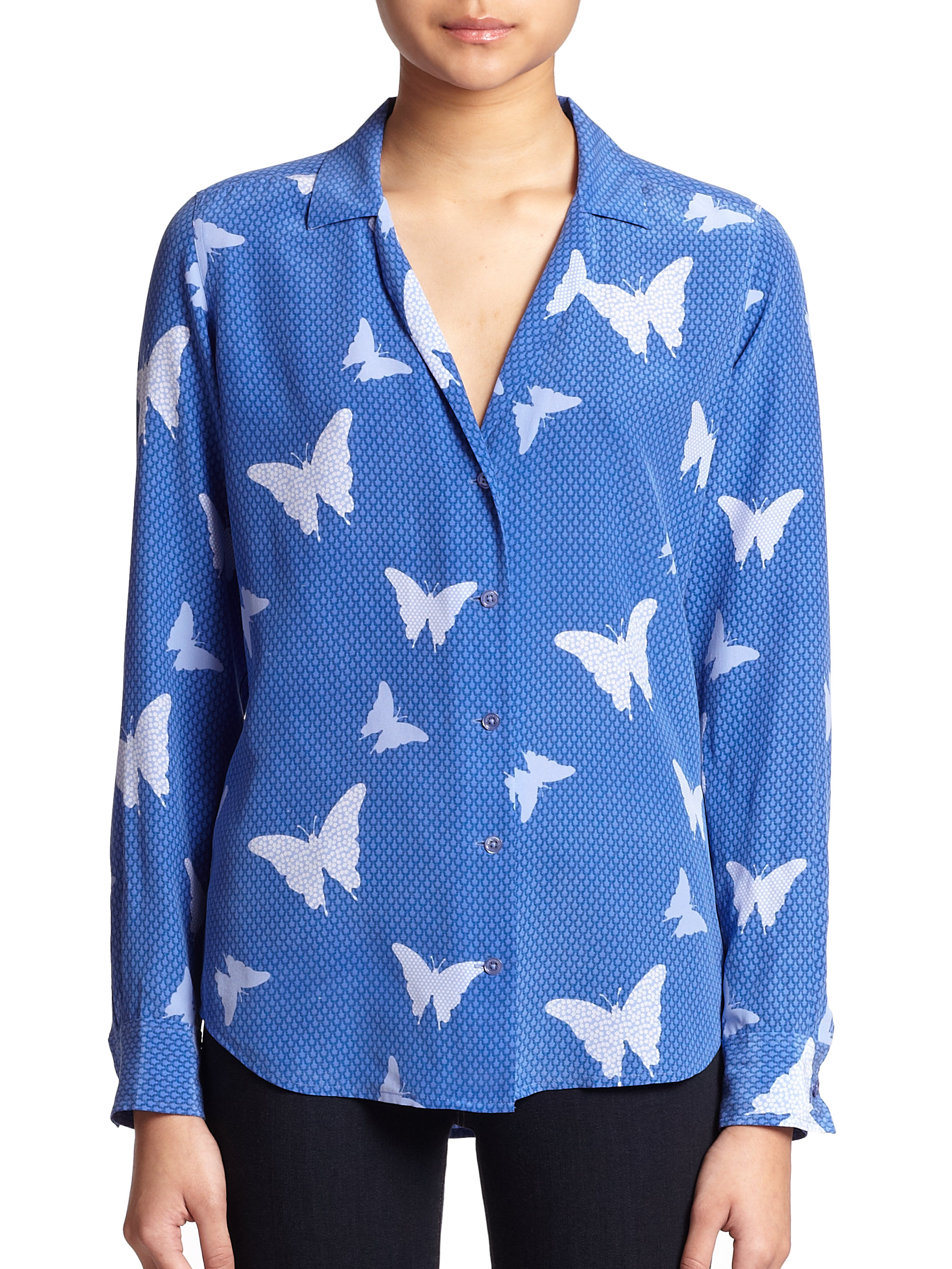 Equipment Adalyn Silk Butterfly-Print Blouse in Blue | Lyst