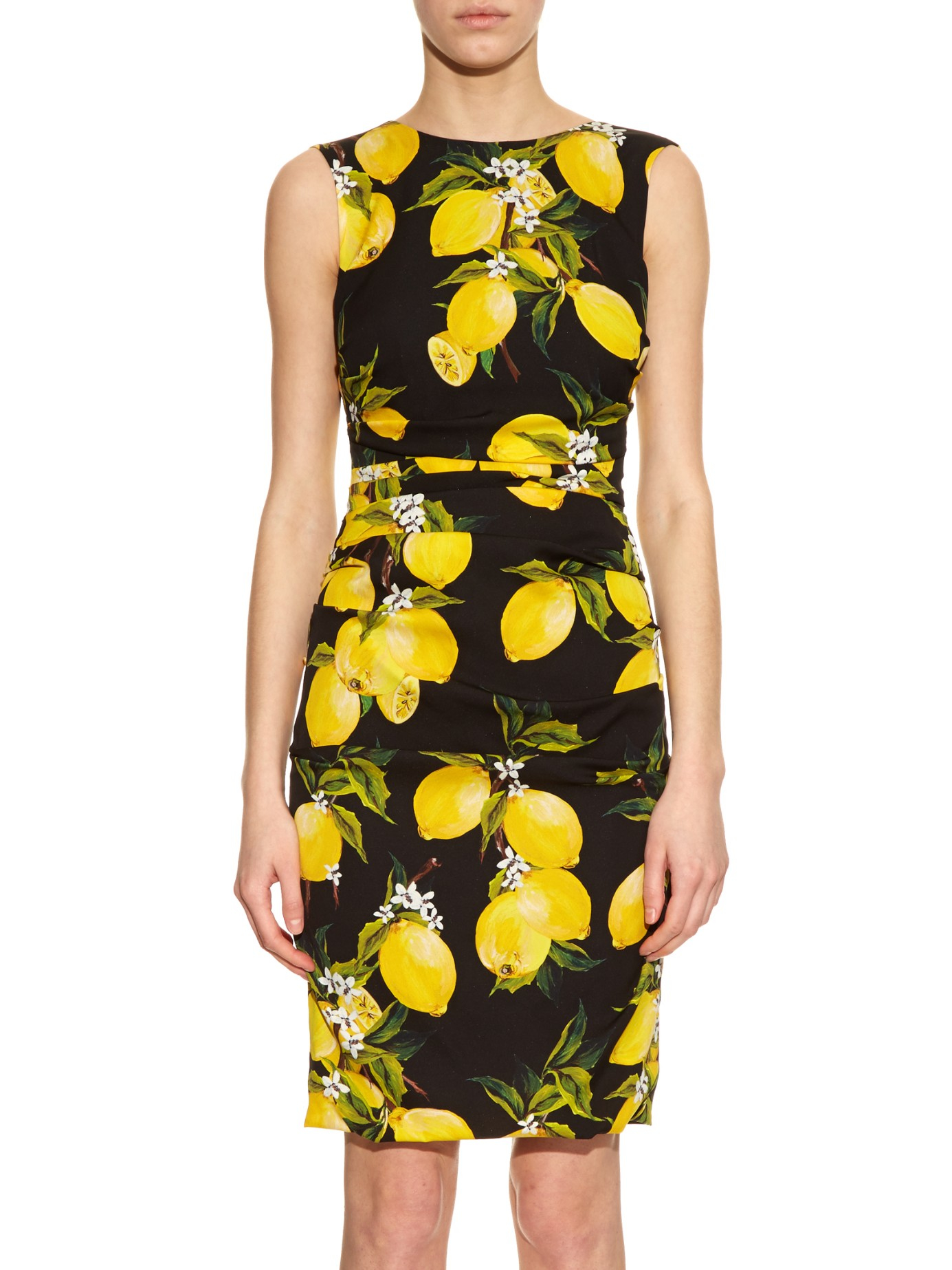 Dolce & Gabbana Lemon-print Ruched Silk Dress in Black | Lyst