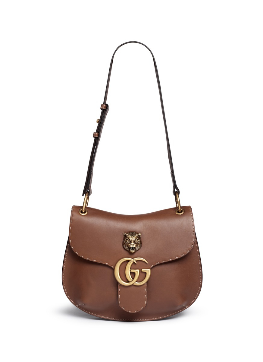Gucci 'gg Marmont' Medium Brass Tiger Leather Shoulder Bag in Brown | Lyst