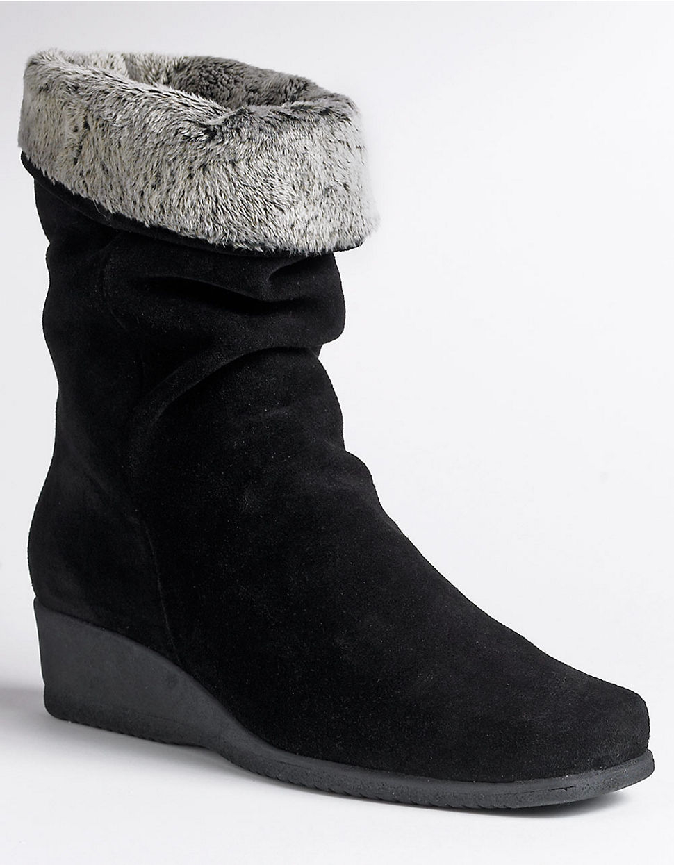 La canadienne Fancy Faux Fur Trimmed Suede Wedge Boots in Black | Lyst