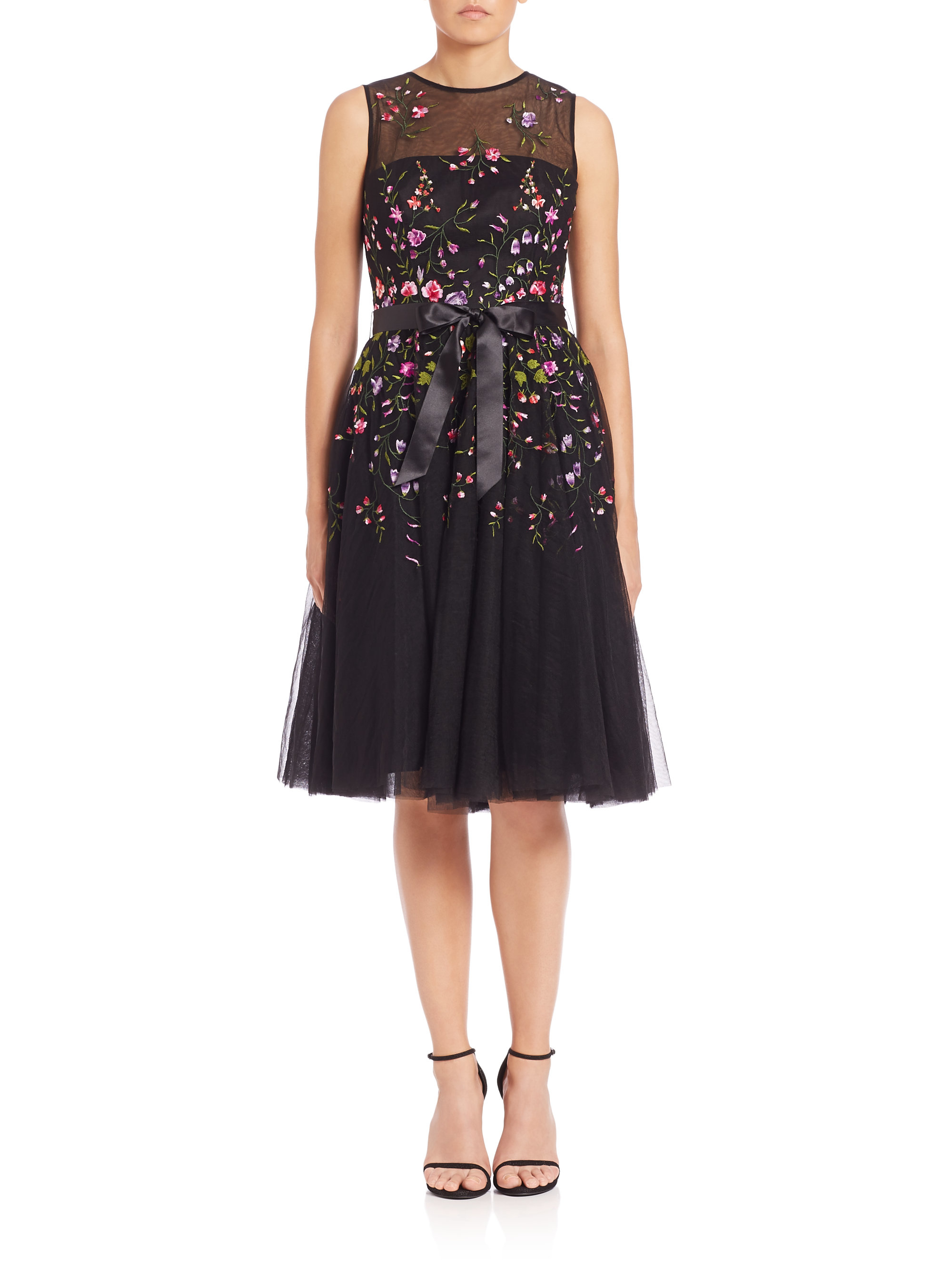 Teri Jon Embroidered Tulle Dress in Black - Lyst