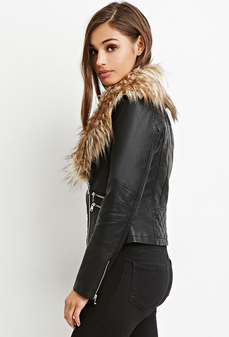 Forever 21 Synthetic Faux Furtrimmed Moto Jacket in Black