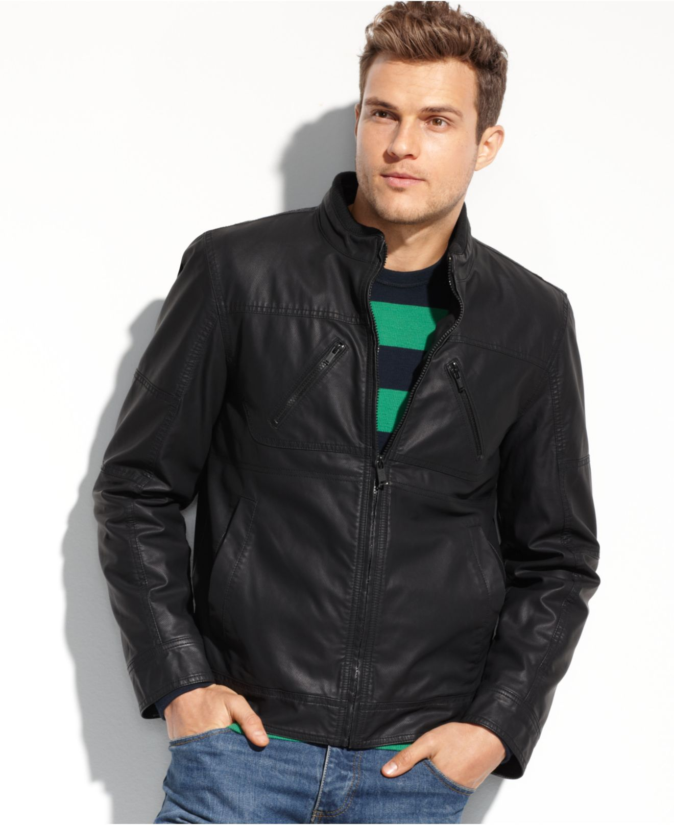 Guess Coats, Lightweight Faux Leather Moto Jacket in Black for Men - Lyst