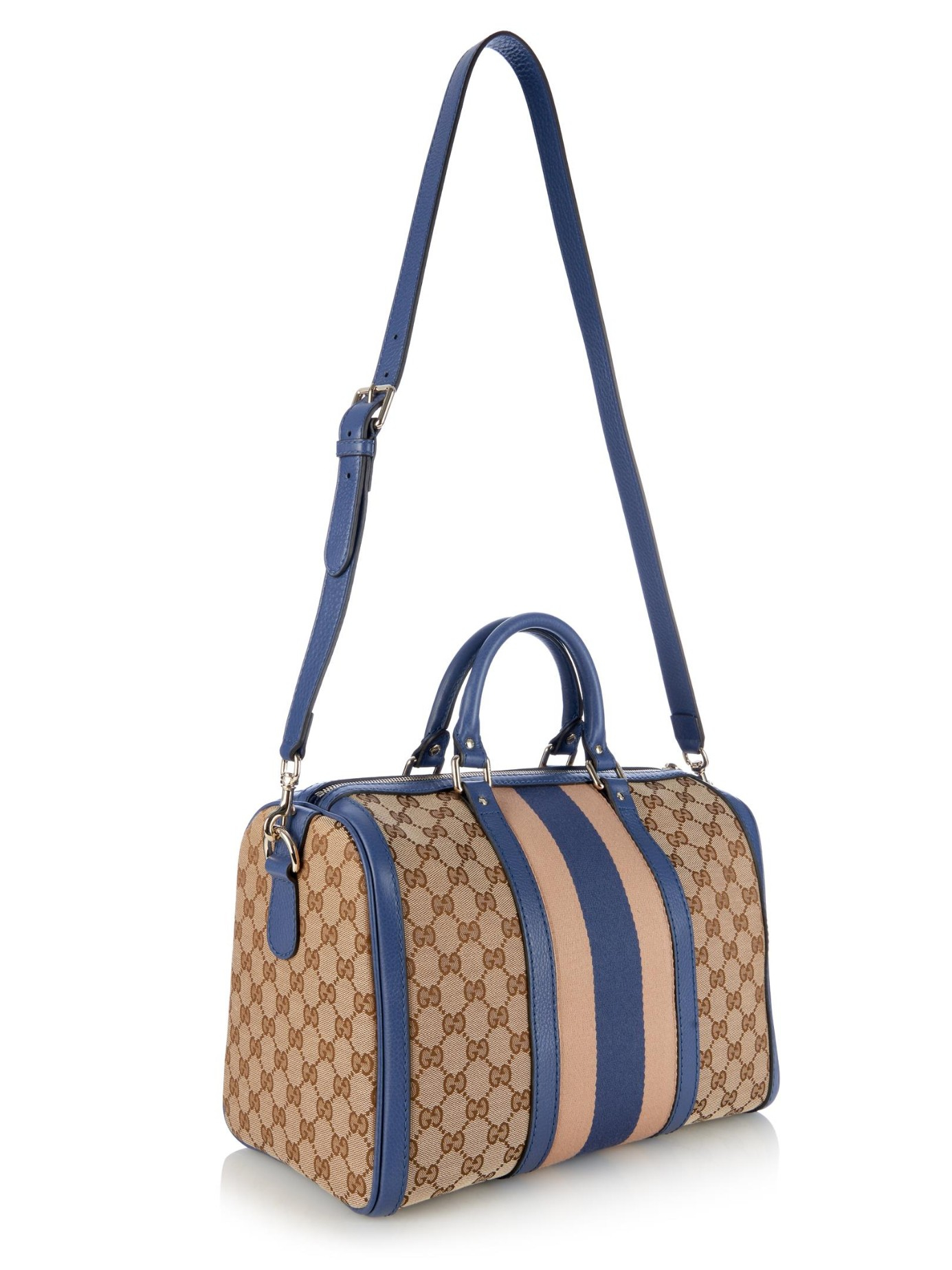 Authentic Gucci Blue GG Denim Vintage Web Boston Bag with