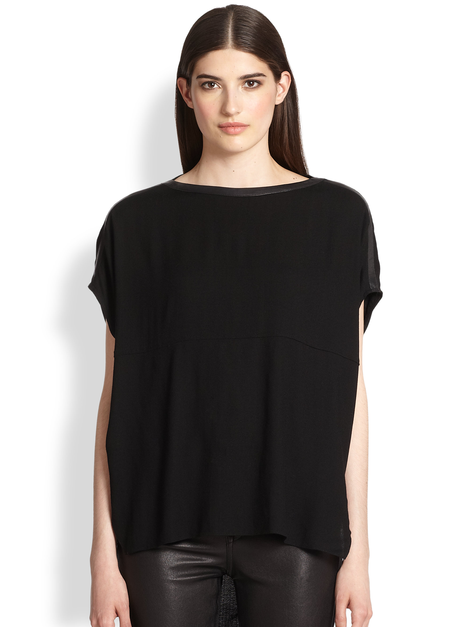 Helmut Lang Leather-Trimmed Boxy Hi-Lo Top in Black - Lyst