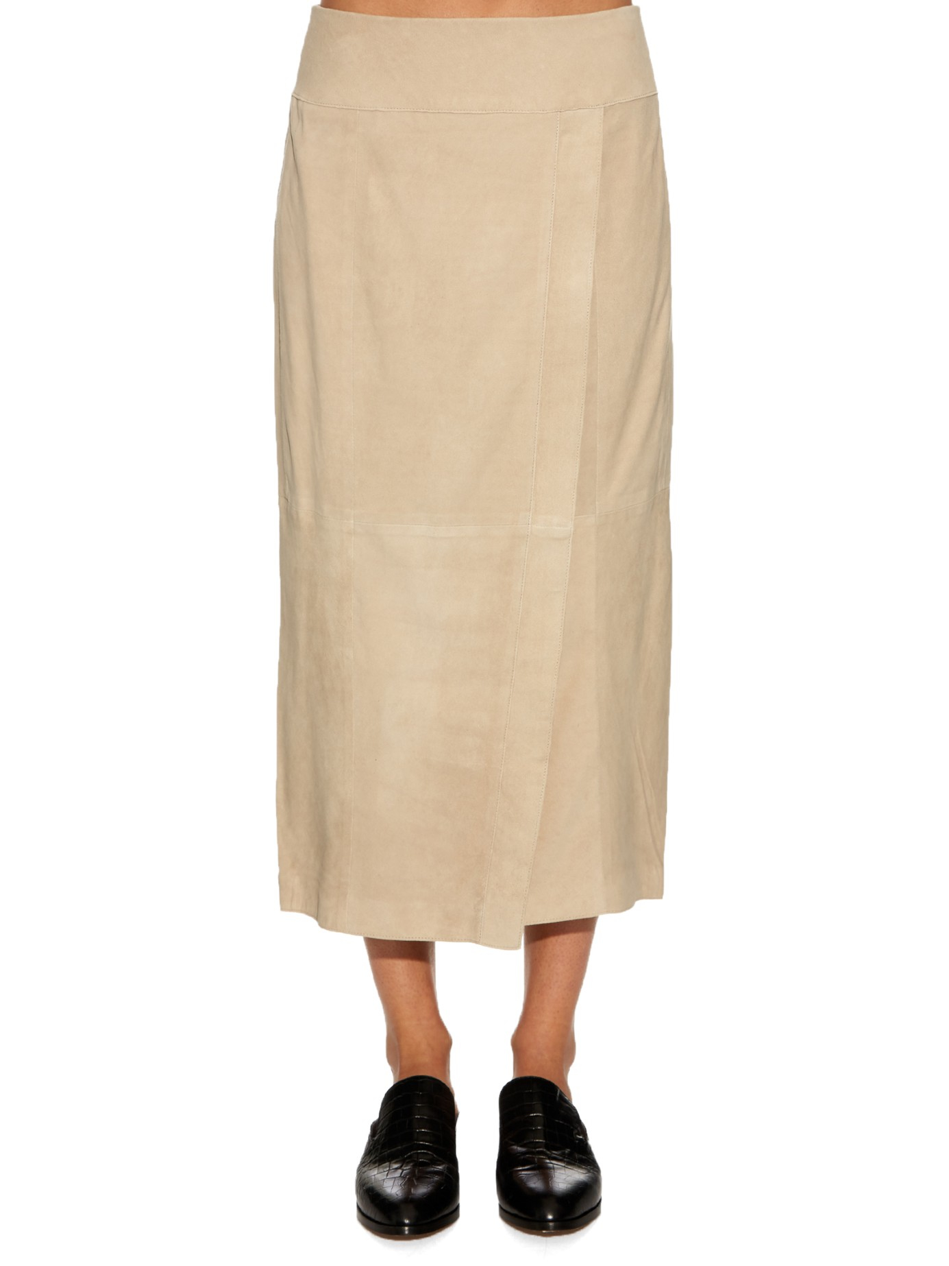 Vince Wrap-over Suede Midi Skirt in Beige (Natural) - Lyst