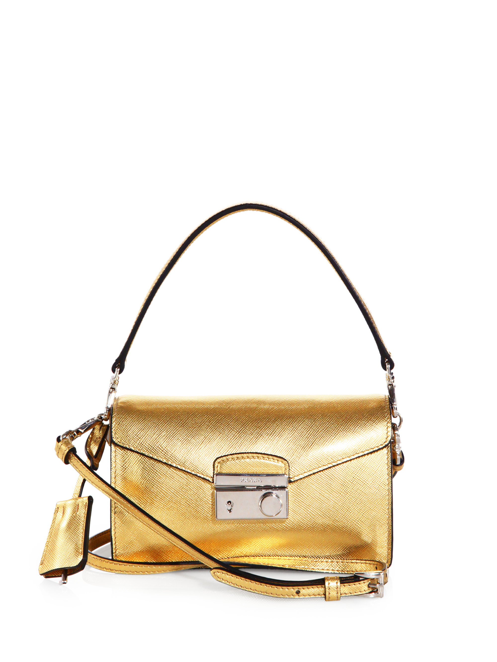 Prada Saffiano Leather Mini Sound Crossbody Bag in Gold | Lyst  