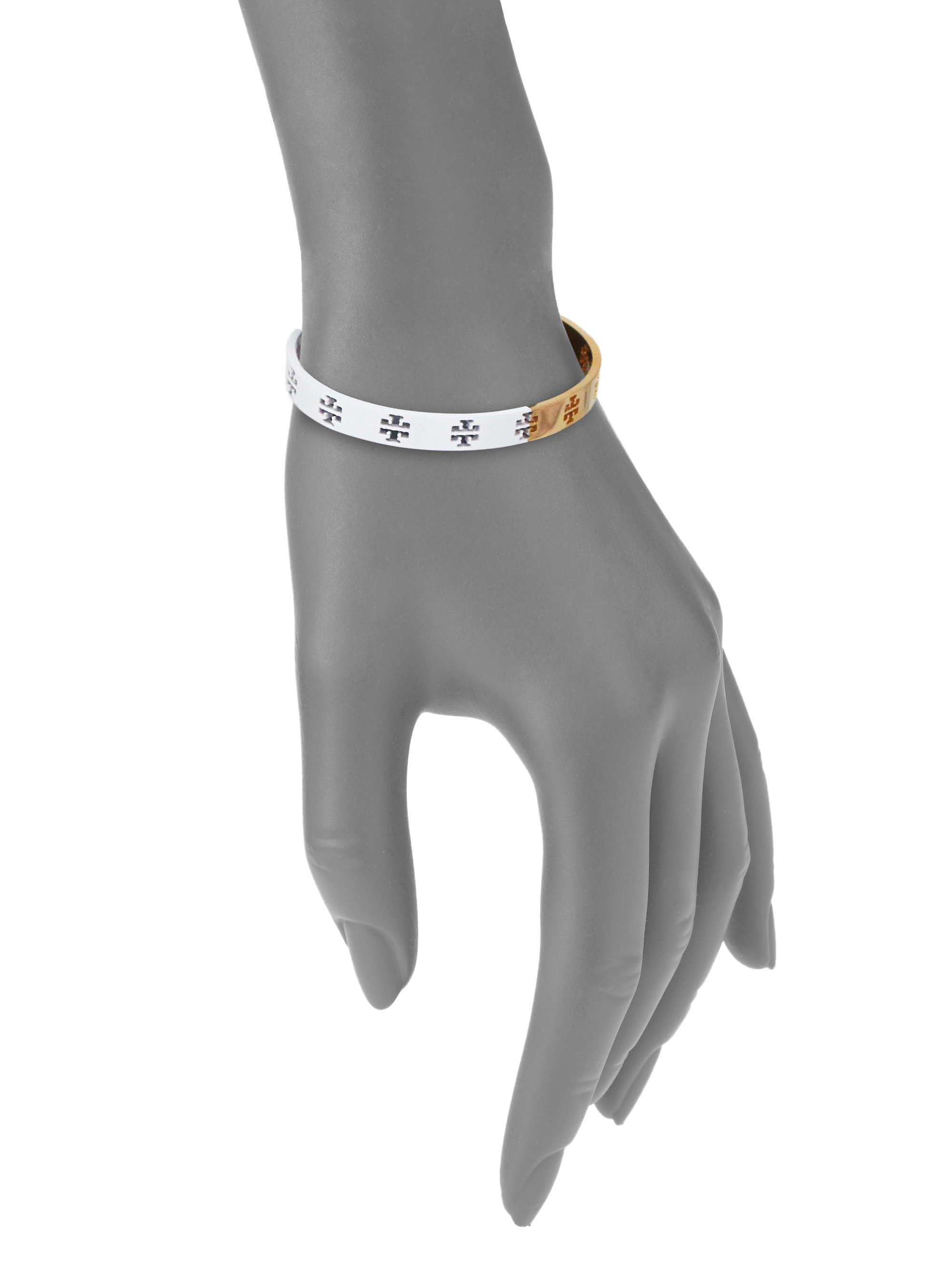 Tory Burch Dipped Pierced T Logo Cuff Bracelet/White in Metallic | Lyst