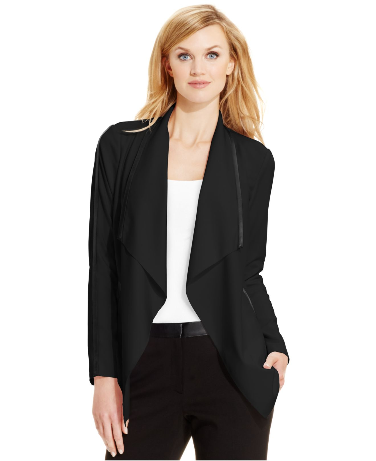 Calvin Klein Faux-leather-trim Draped Jacket in Black - Lyst