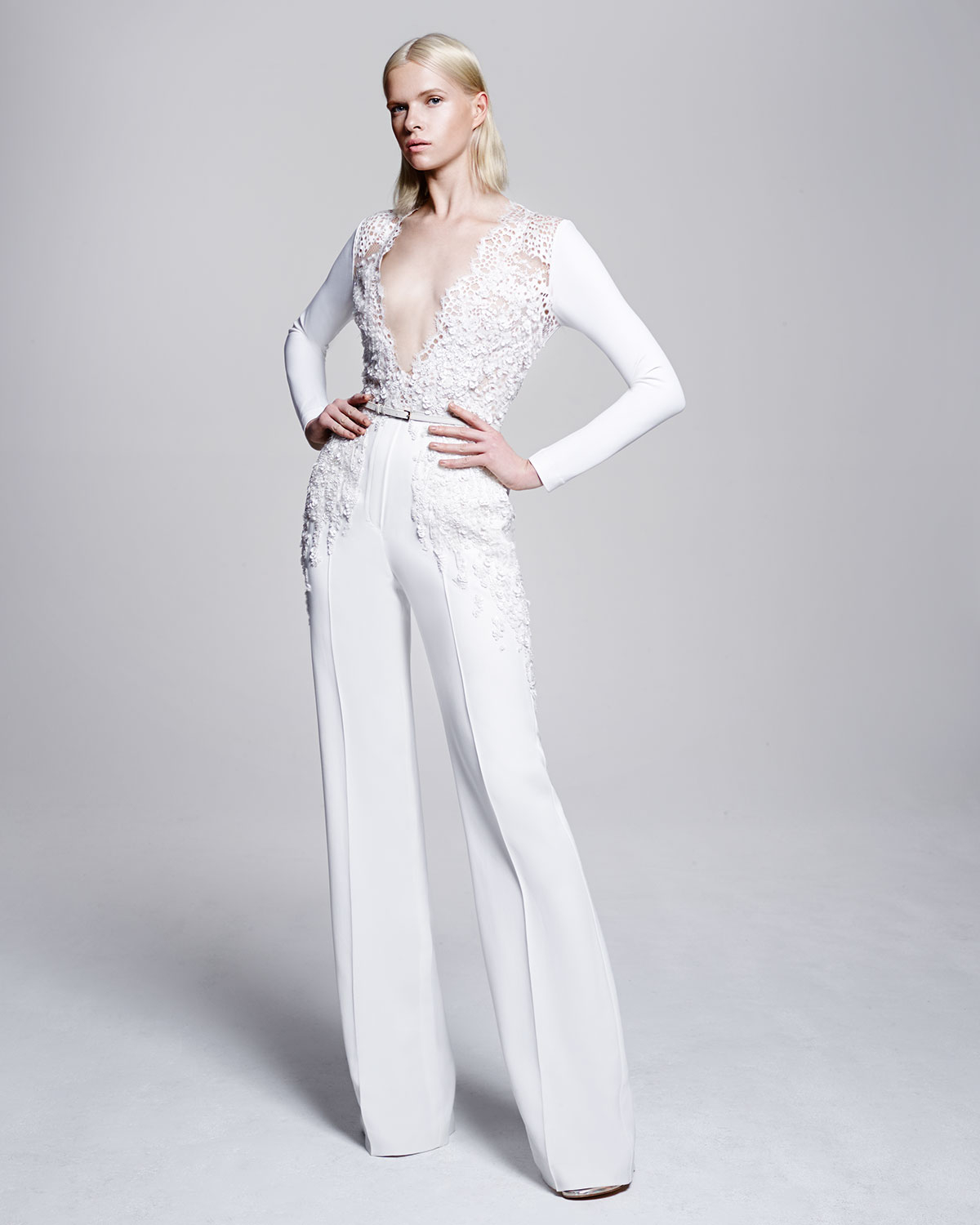 Lyst - Elie Saab Lace-Inset Gabardine Jumpsuit in White