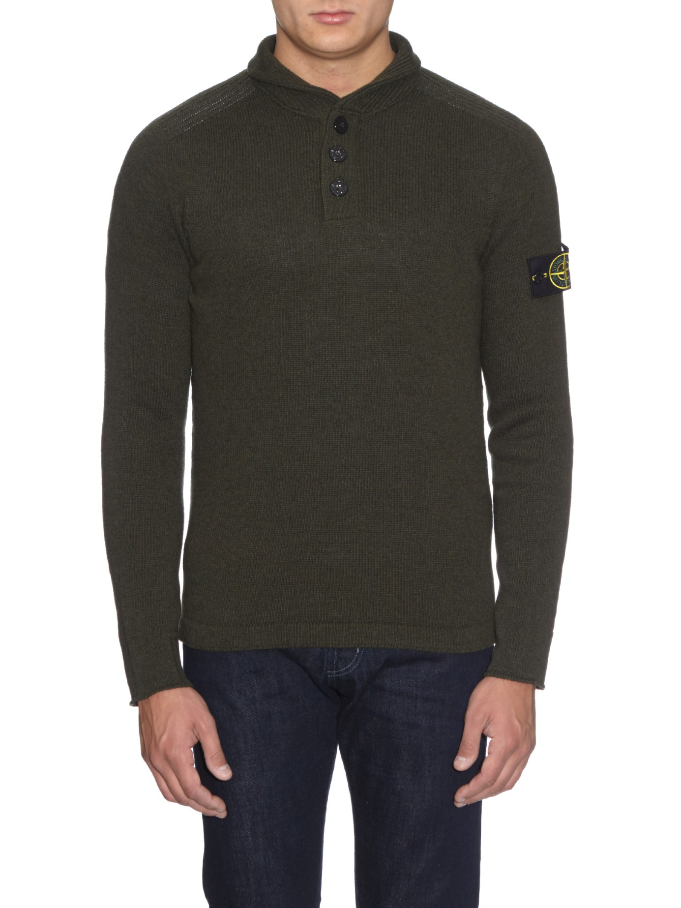 Stone Island Button-neck Wool-blend Sweater in Green for Men | Lyst