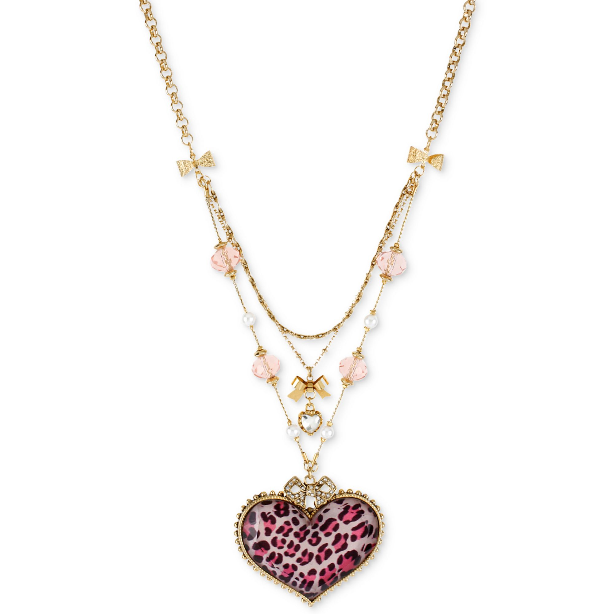 Betsey Johnson Antique Goldtone Pink Leopard Heart Pendant 