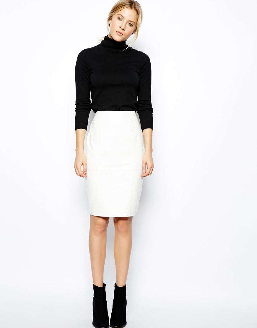 ASOS Leather Pencil Skirt In Knee Length in White - Lyst