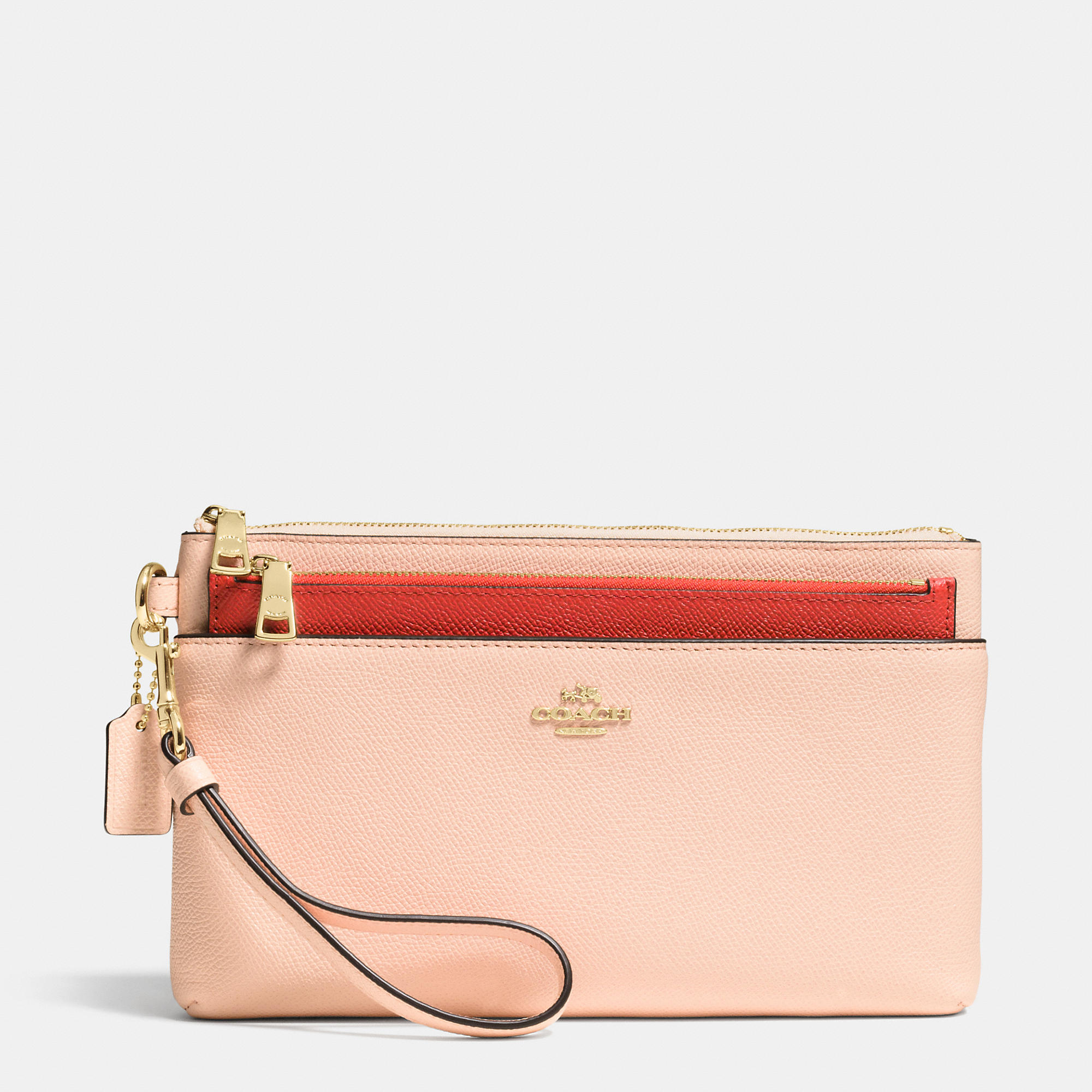 COACH Large Wristlet With Pop-Up Pouch In Colorblock Crossgrain Leather in  Pink - Lyst