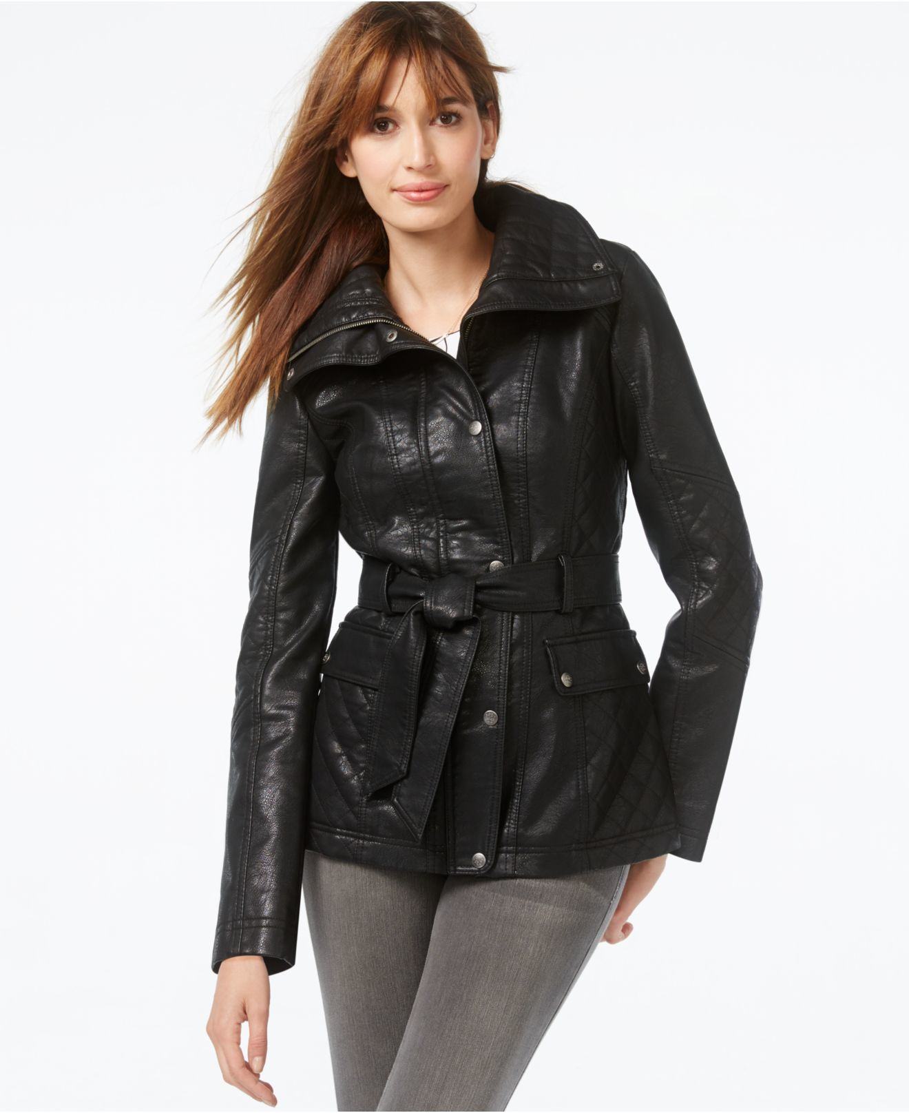 Lyst Jessica Simpson Snap Front Faux Leather Jacket In Black Gallery