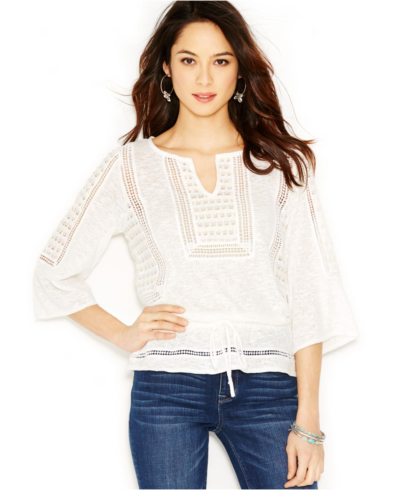 Lucky brand Lucky Brand ThreeQuarterSleeve Embroidered Peasant Top in
