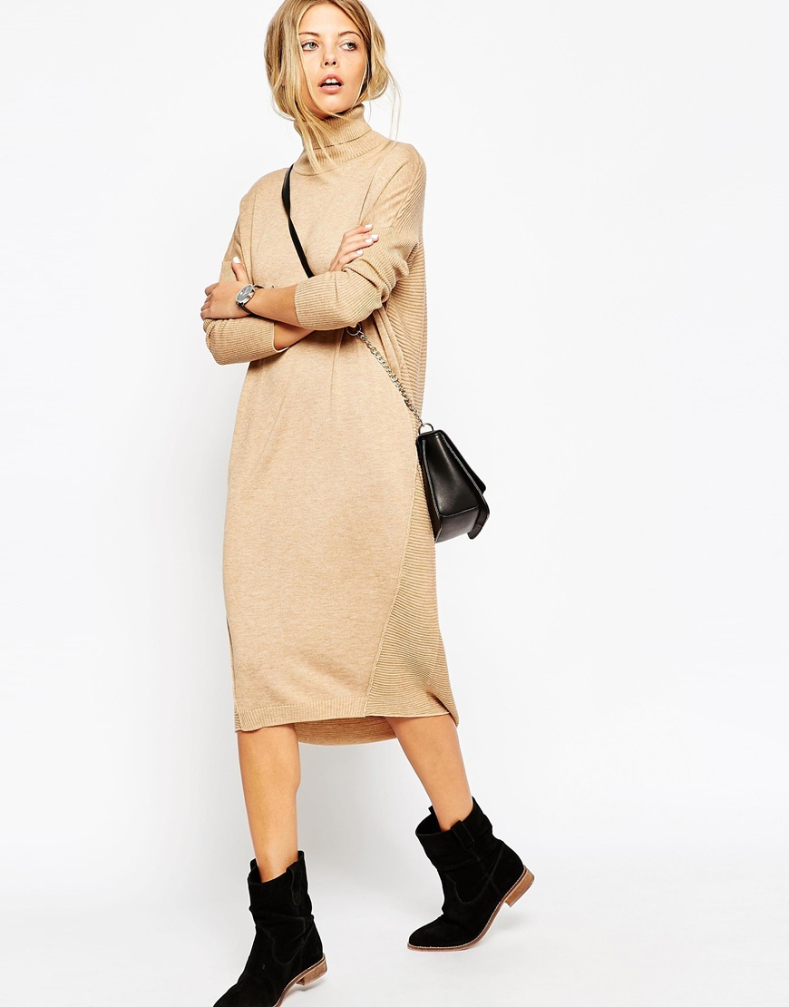 Lyst Asos Midi Jumper Dress With Roll Neck in Natural