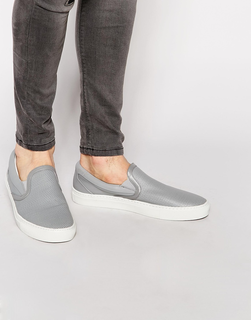 grey leather slip on sneakers