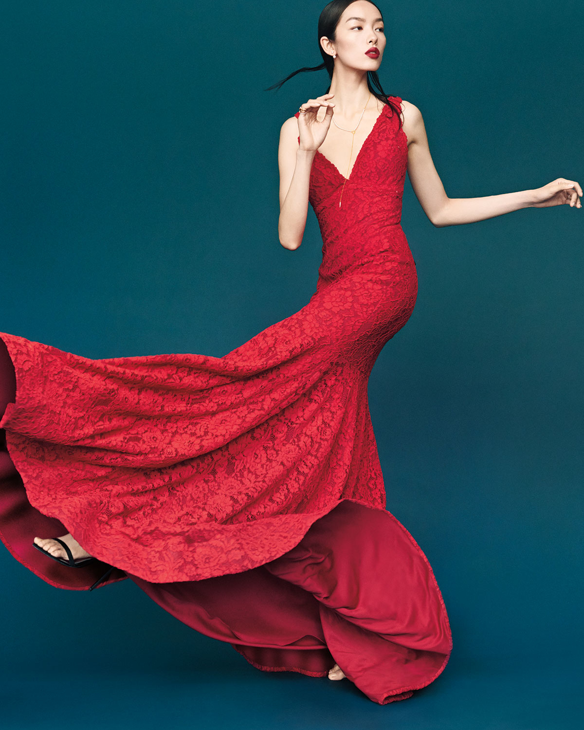 red fitted evening gown