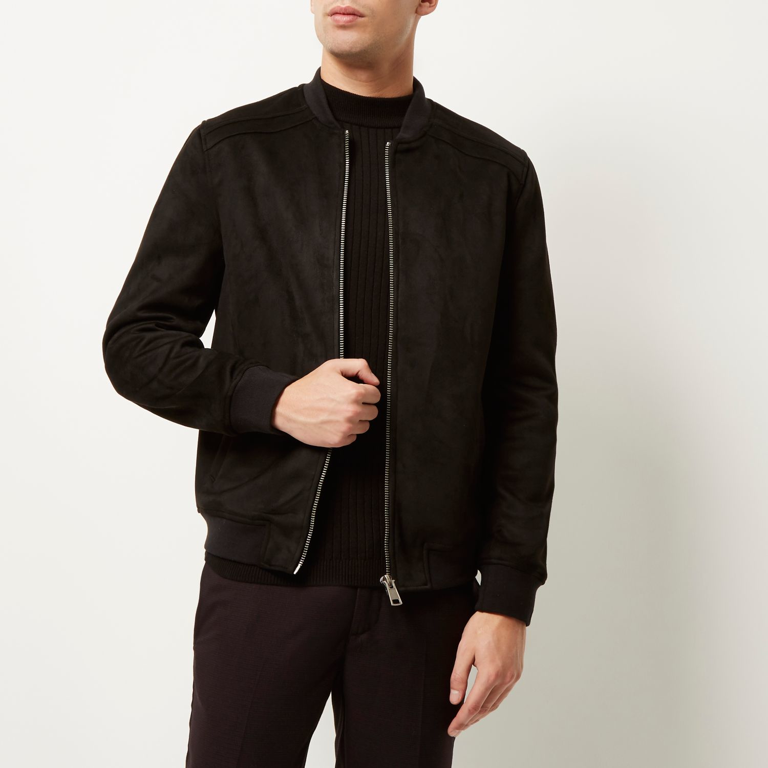 River Island Black Faux Suede Bomber Jacket for Men - Lyst