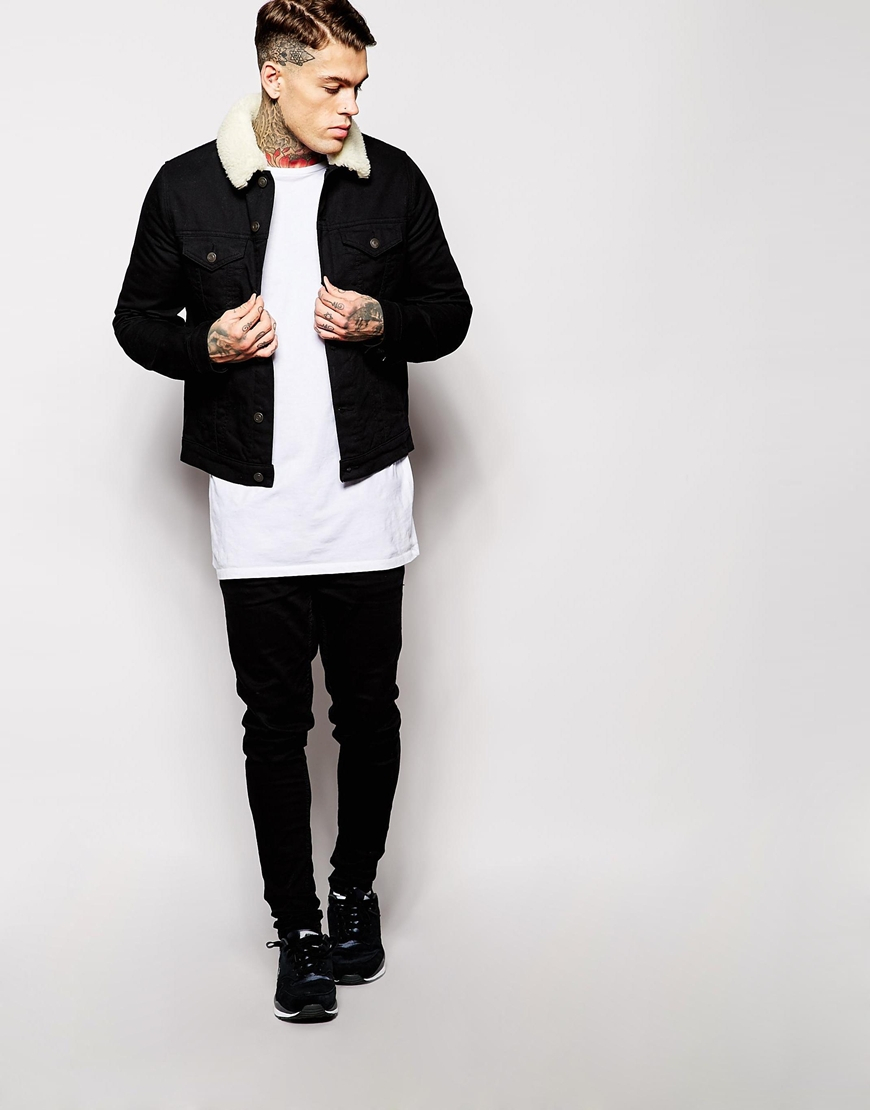 black jean jacket with white fur mens