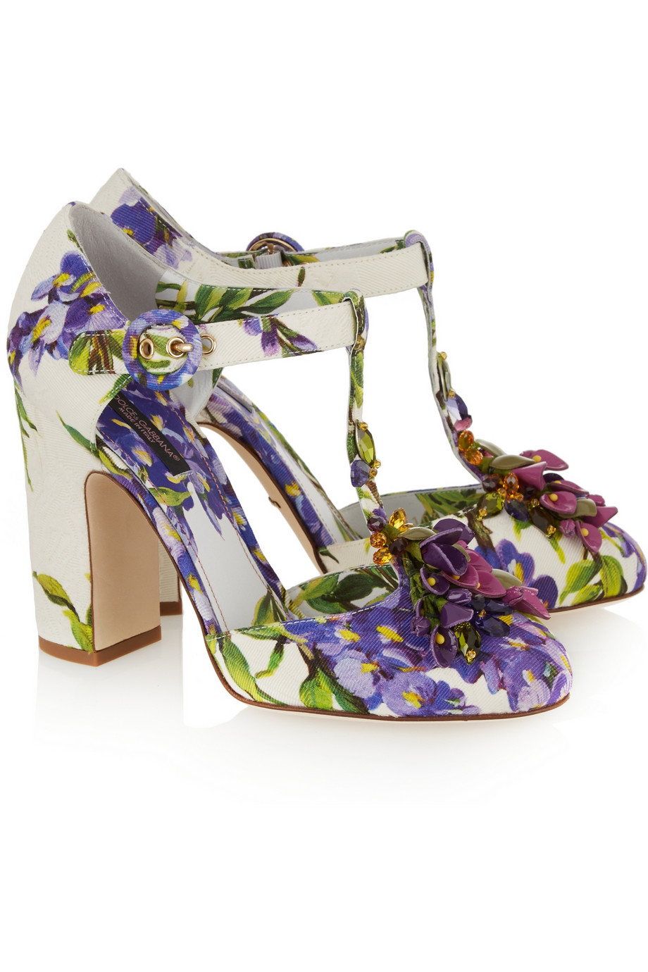 Dolce & Gabbana Embellished Floral-Print Brocade T-Bar Pumps in Purple |  Lyst