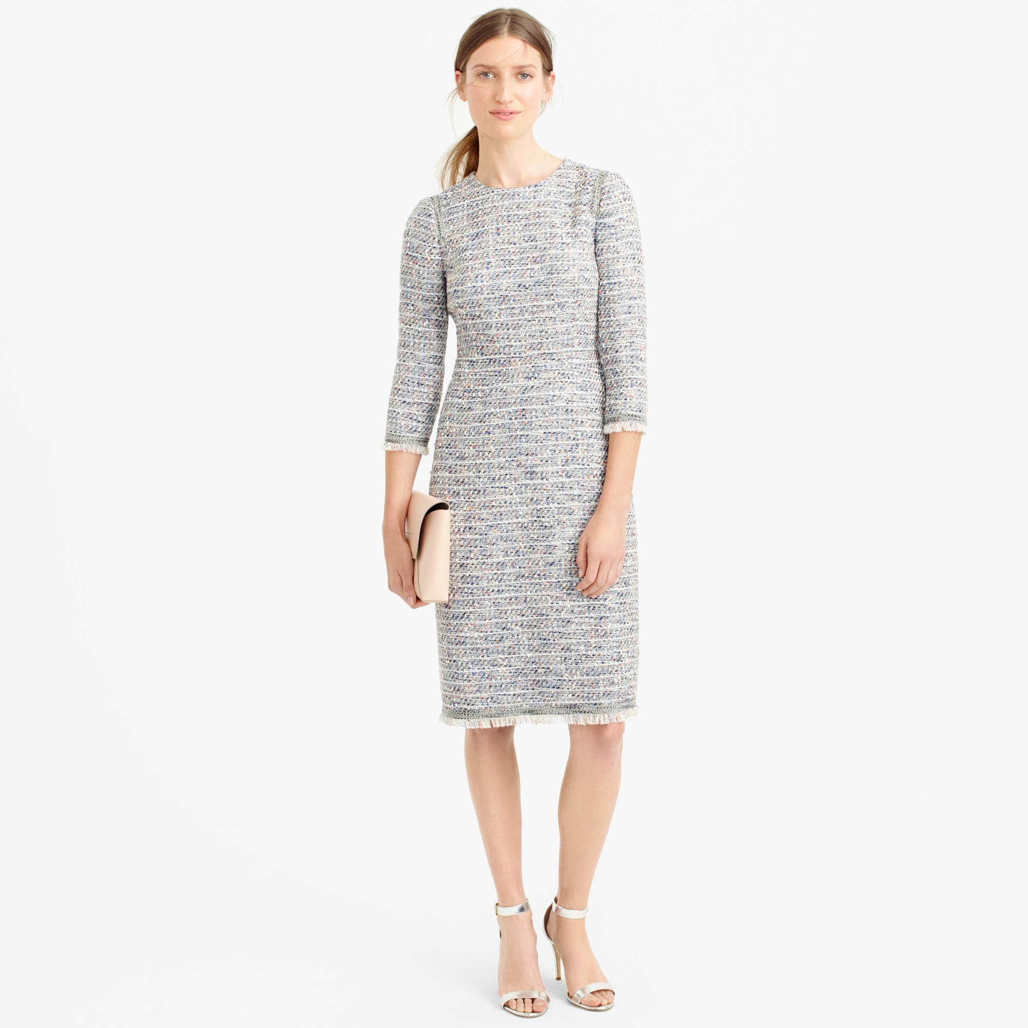 Long Sleeve Multicolored Tweed Dress With Fringe Long Sleeve Multicolored Tweed Dress With Fringe