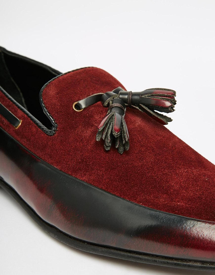ASOS Tassel Loafers In Burgundy Suede And Leather Mix in Red for Men | Lyst