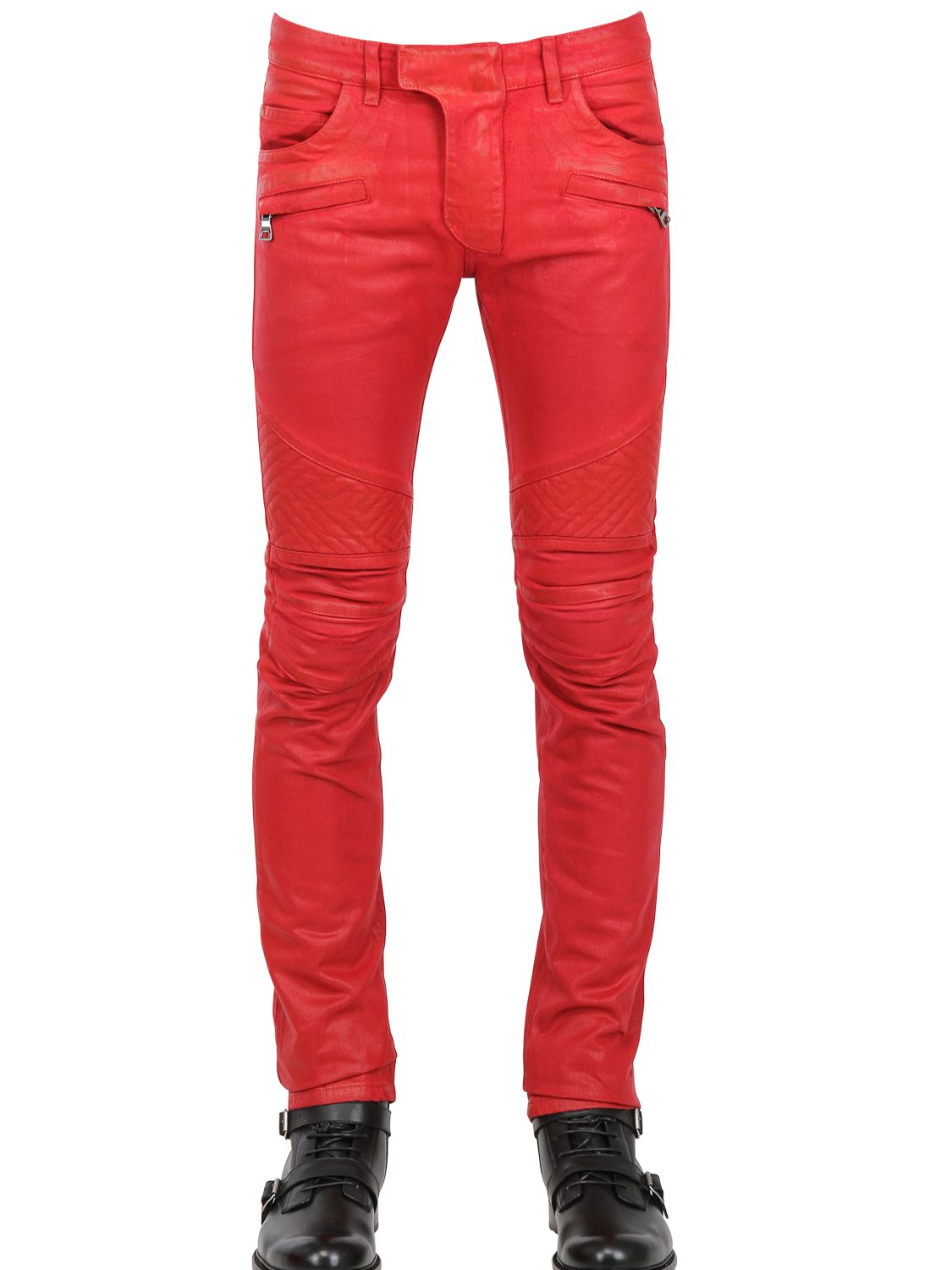 Balmain 18cm Geometric Waxed Denim Biker Jeans in Red for Men | Lyst