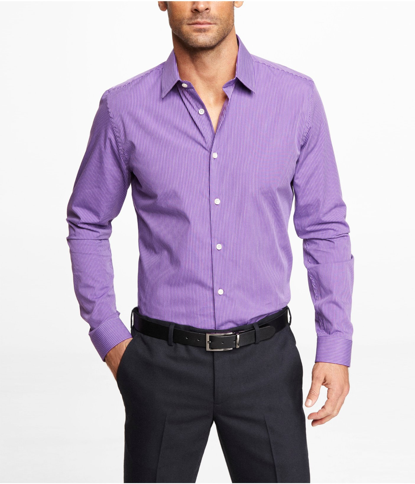 Express Fitted Striped Dress Shirt in Purple for Men - Lyst