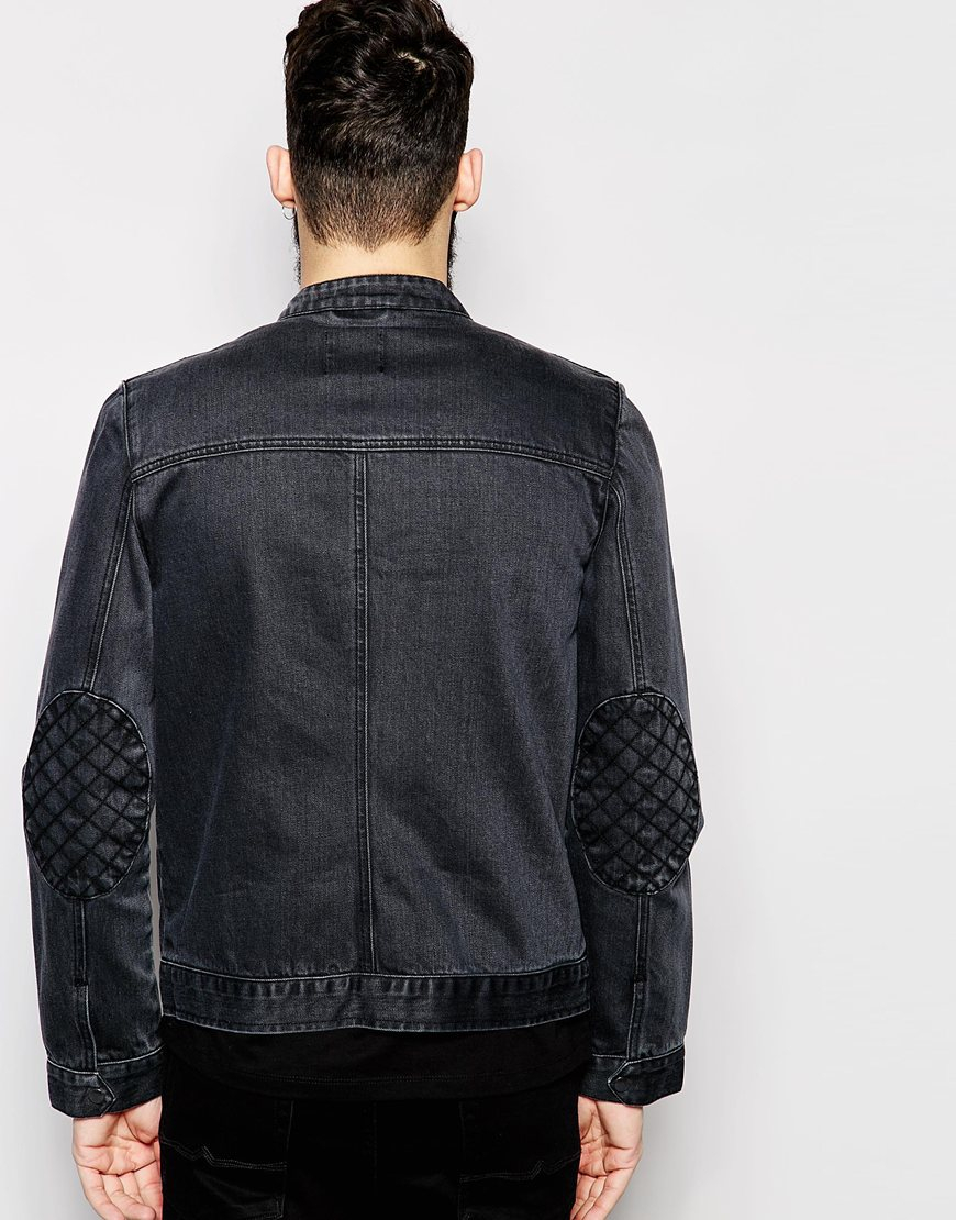 Asos Denim Biker Jacket With Quilted Shoulder in Black for Men Lyst