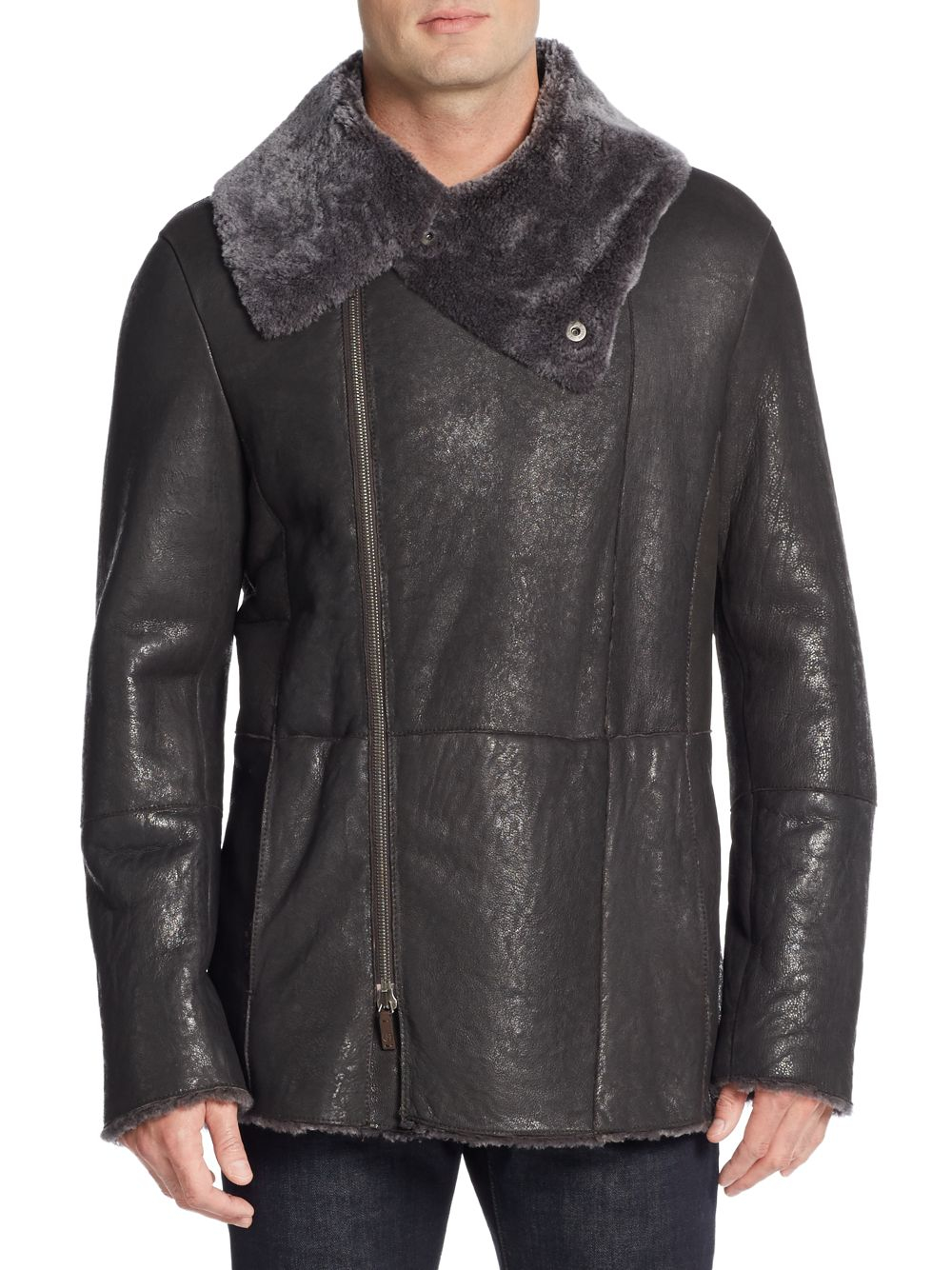 Giorgio armani Caban Shearling-Trimmed Leather Coat in Black for Men | Lyst