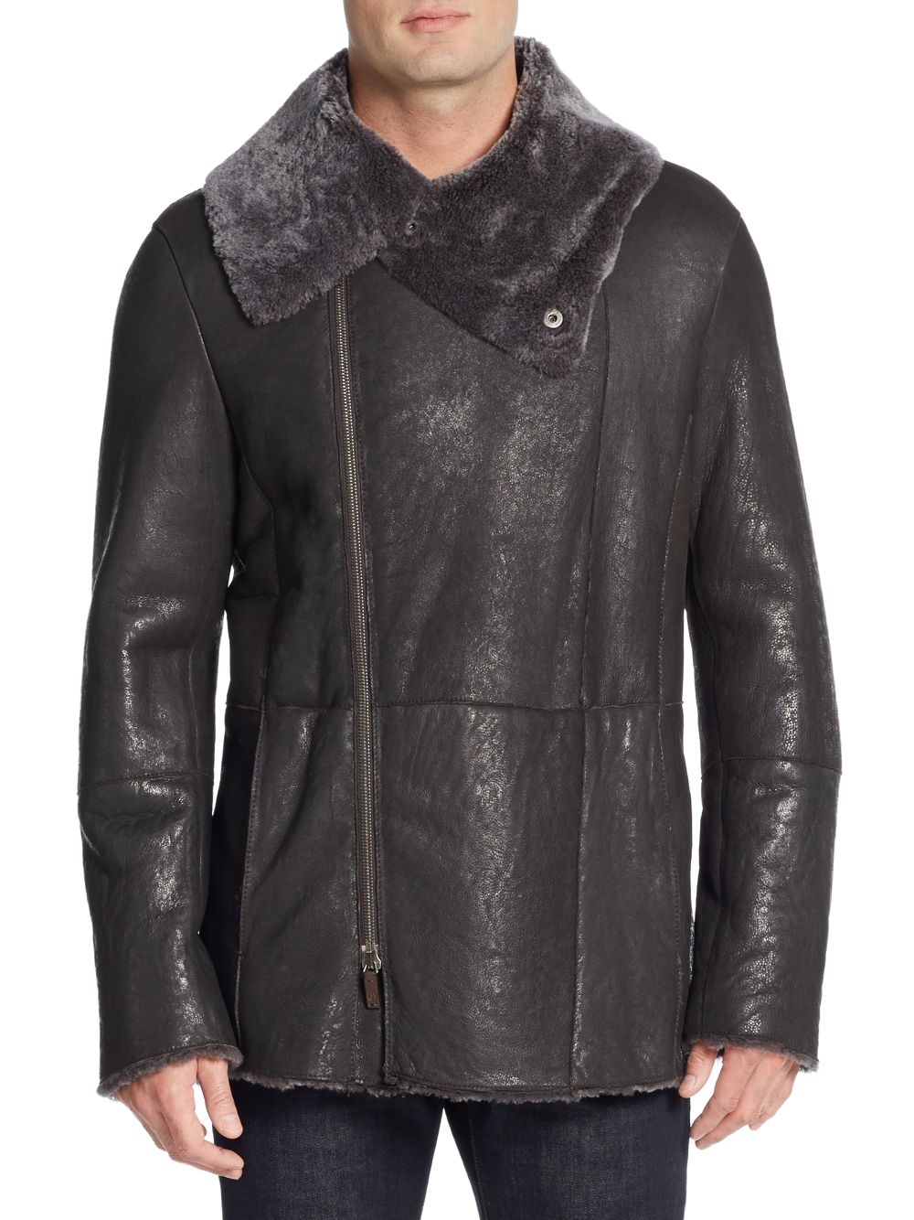 armani Caban ShearlingTrimmed Leather Coat in Black for Men Lyst