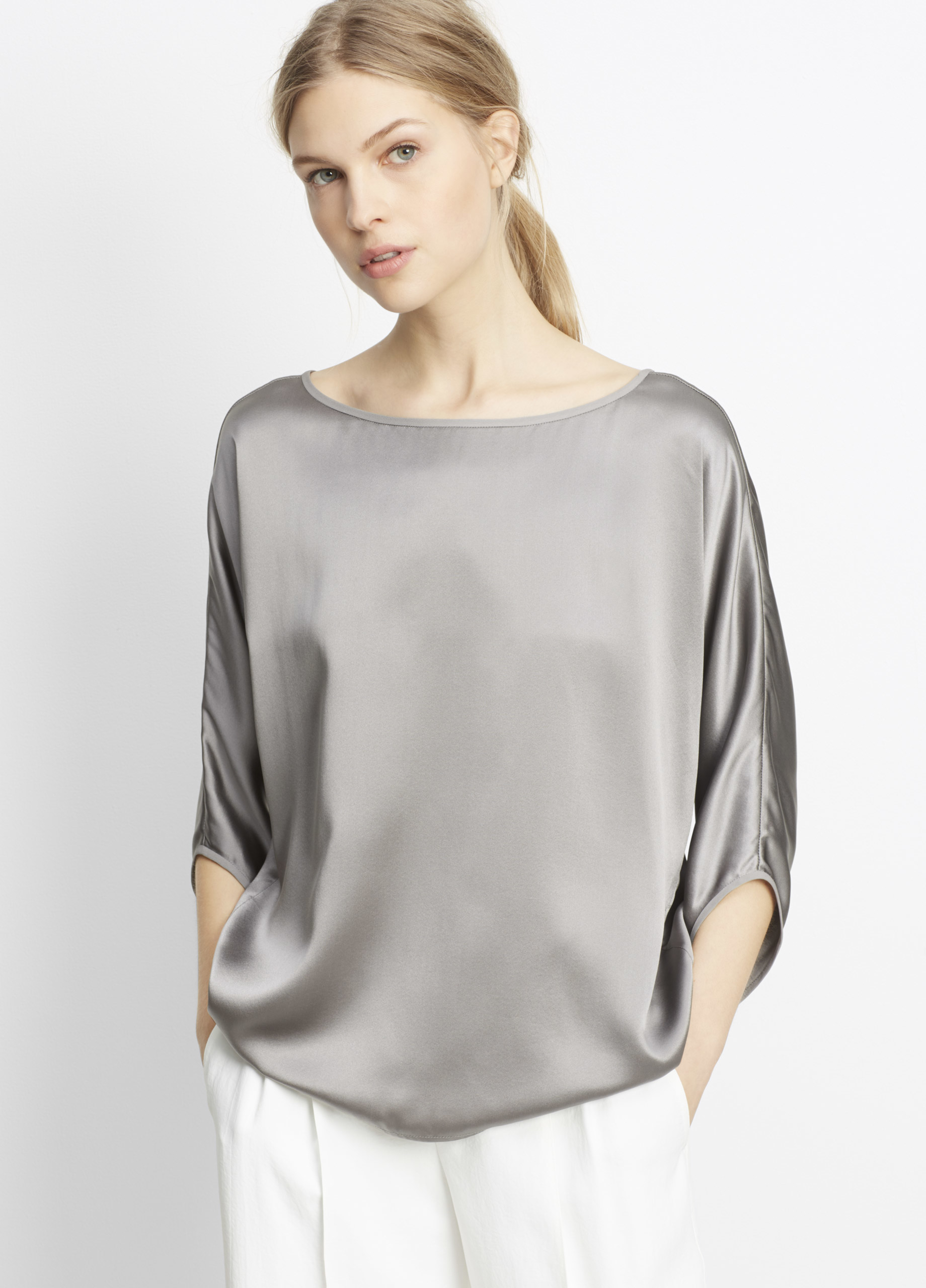 Lyst - Vince Silk Satin Envelope Sleeve Blouse in Metallic