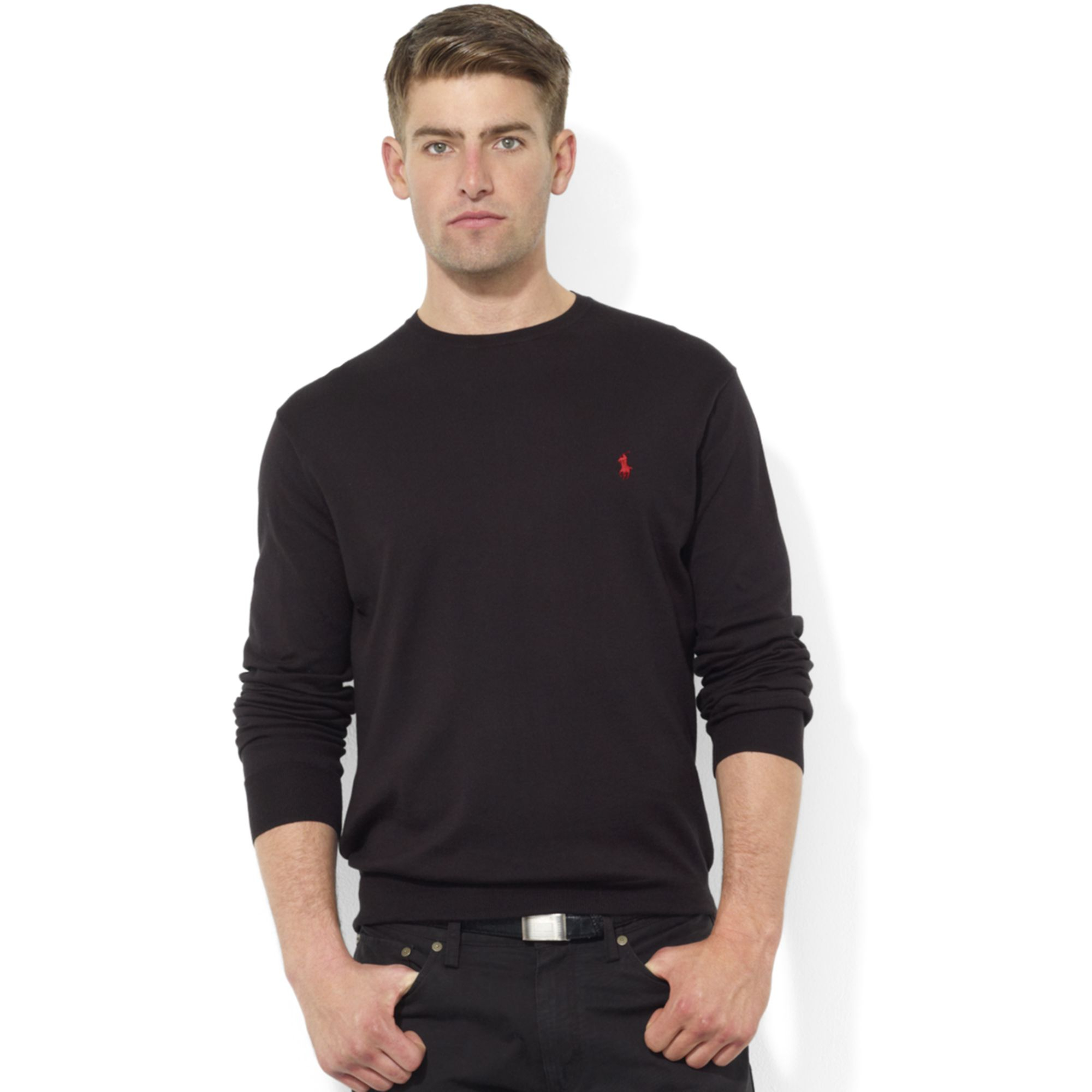 Ralph Lauren Crew Neck Pima Cotton Sweater in Black for Men | Lyst