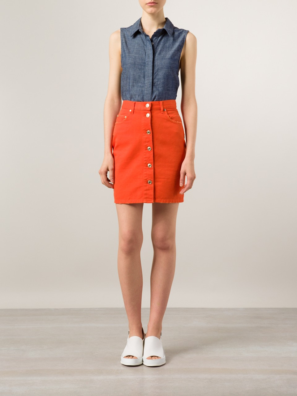 MSGM Button Front Denim Skirt in Orange Lyst