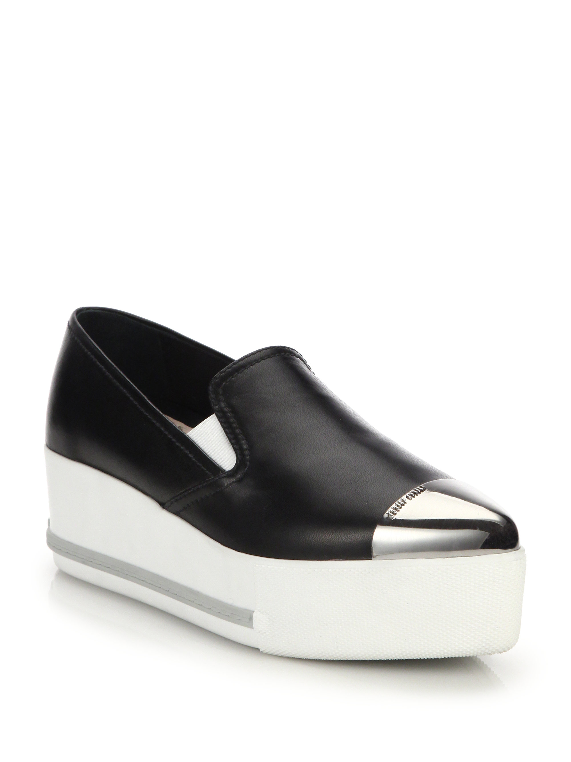 Miu miu Cap Toe Leather Platform Skate Sneakers in Black | Lyst