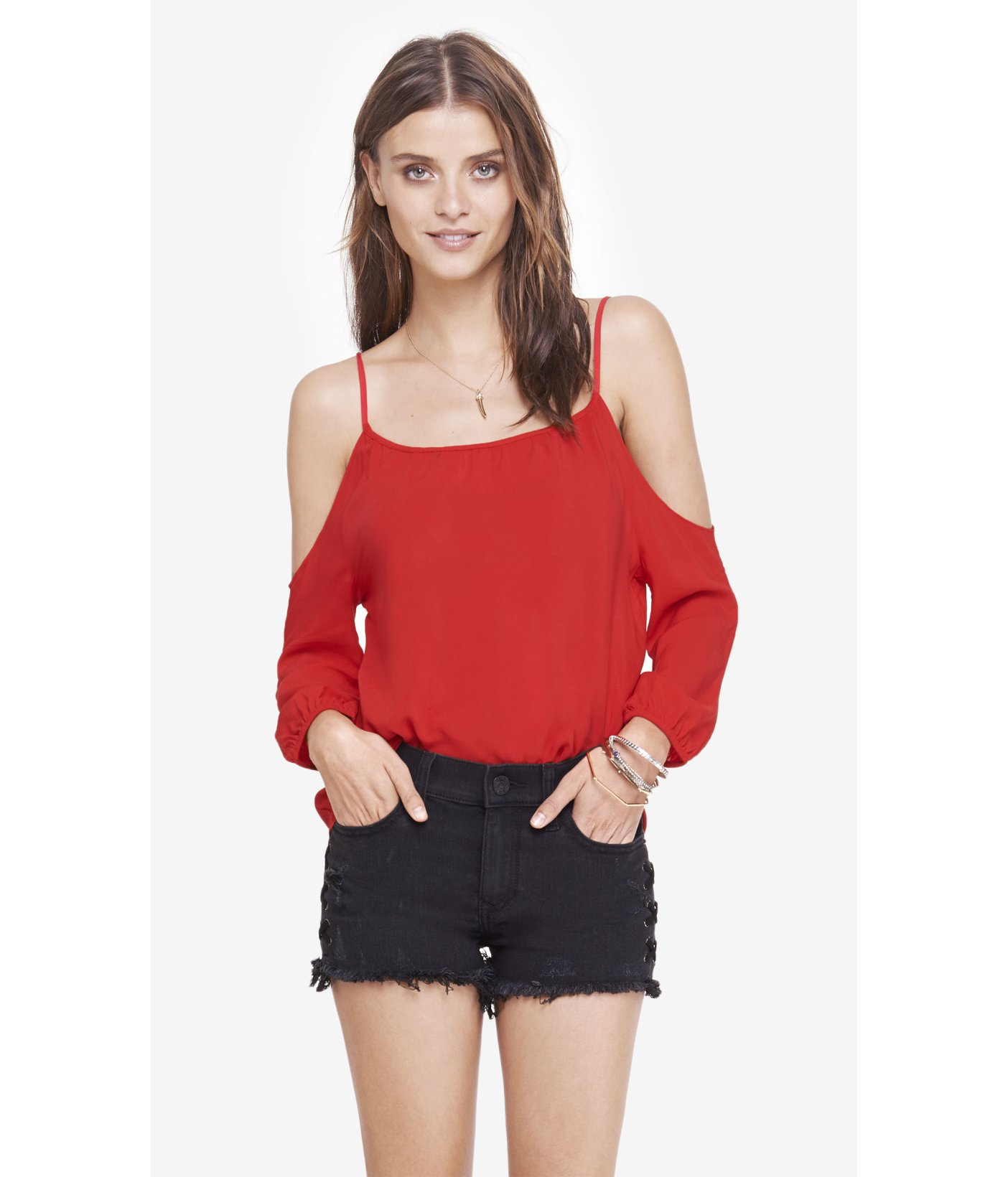 red cut out shoulder top