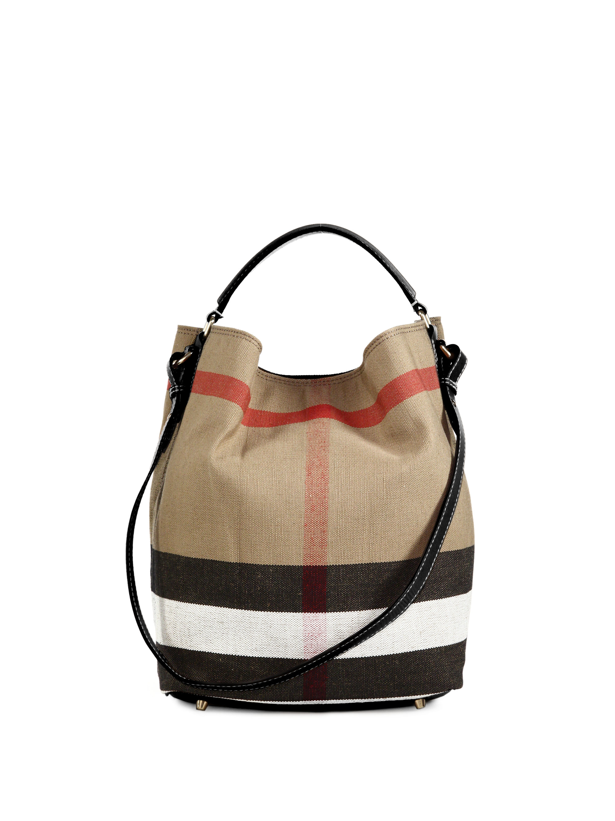 Burberry Medium House Check Cotton & Leather Bucket Bag in Natural | Lyst