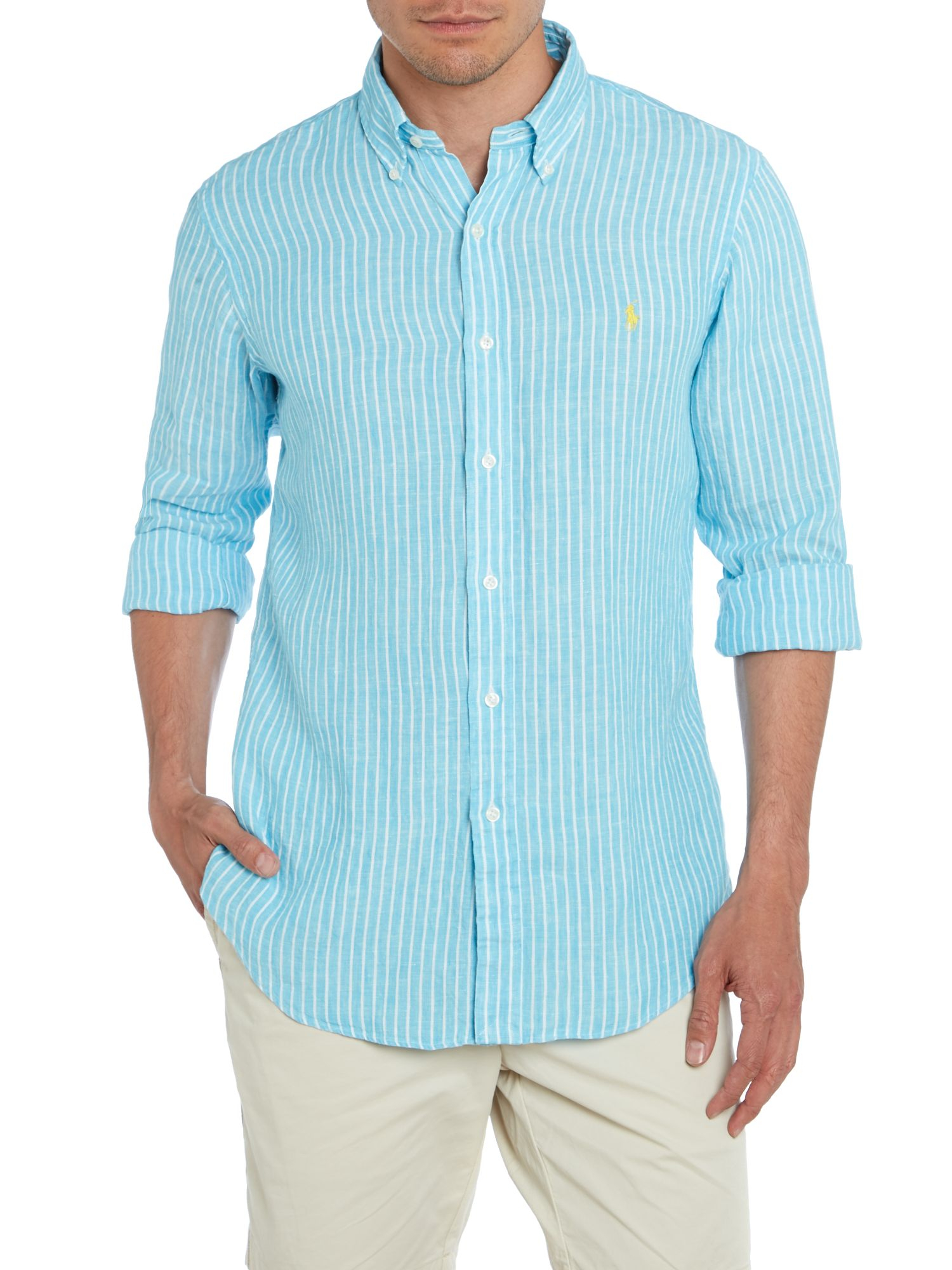 Polo ralph lauren Long Sleeve Striped Linen Shirt in Blue for Men | Lyst