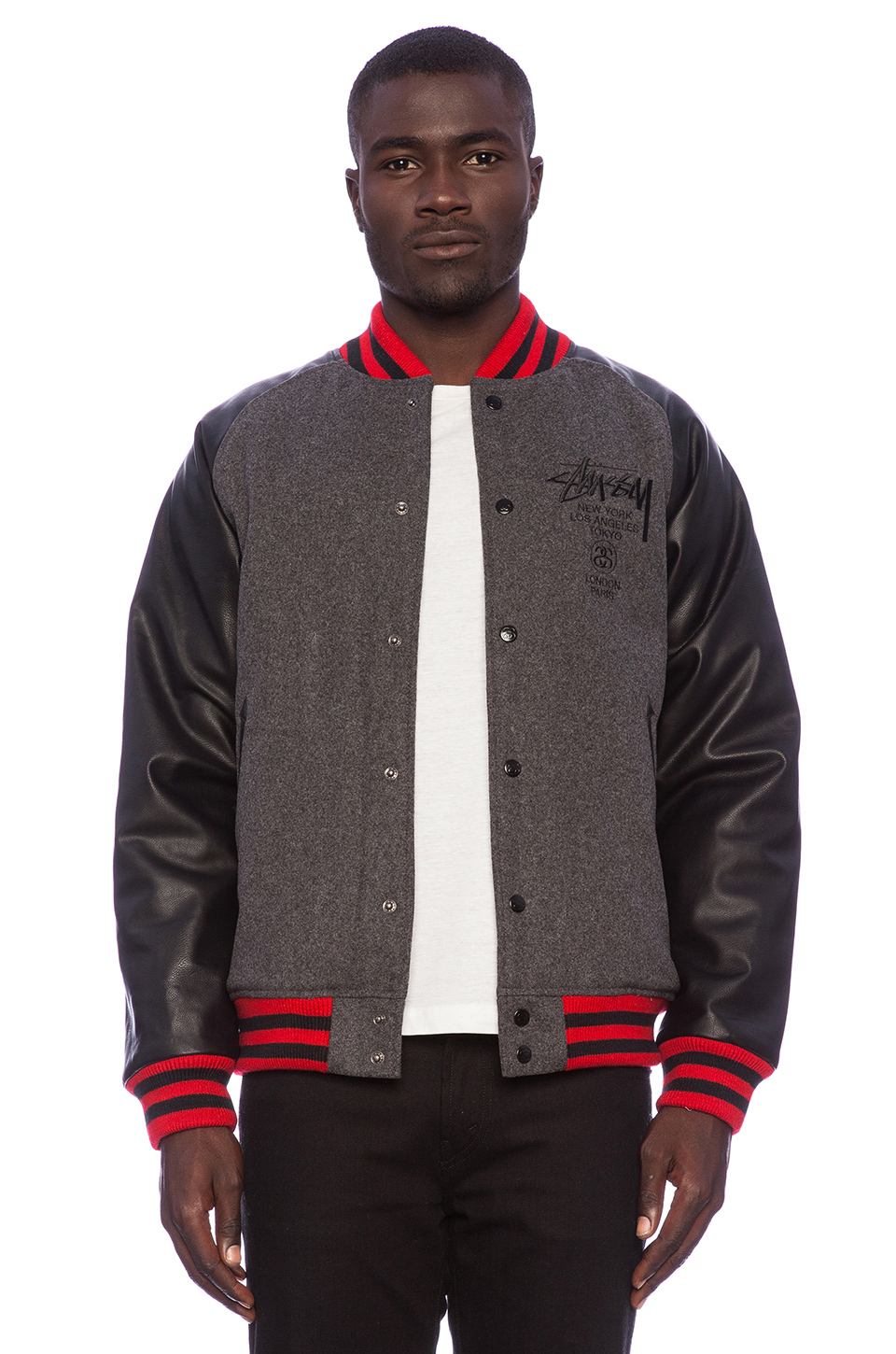 Stussy World Tour Wool Jacket In Charcoal Heather Gray